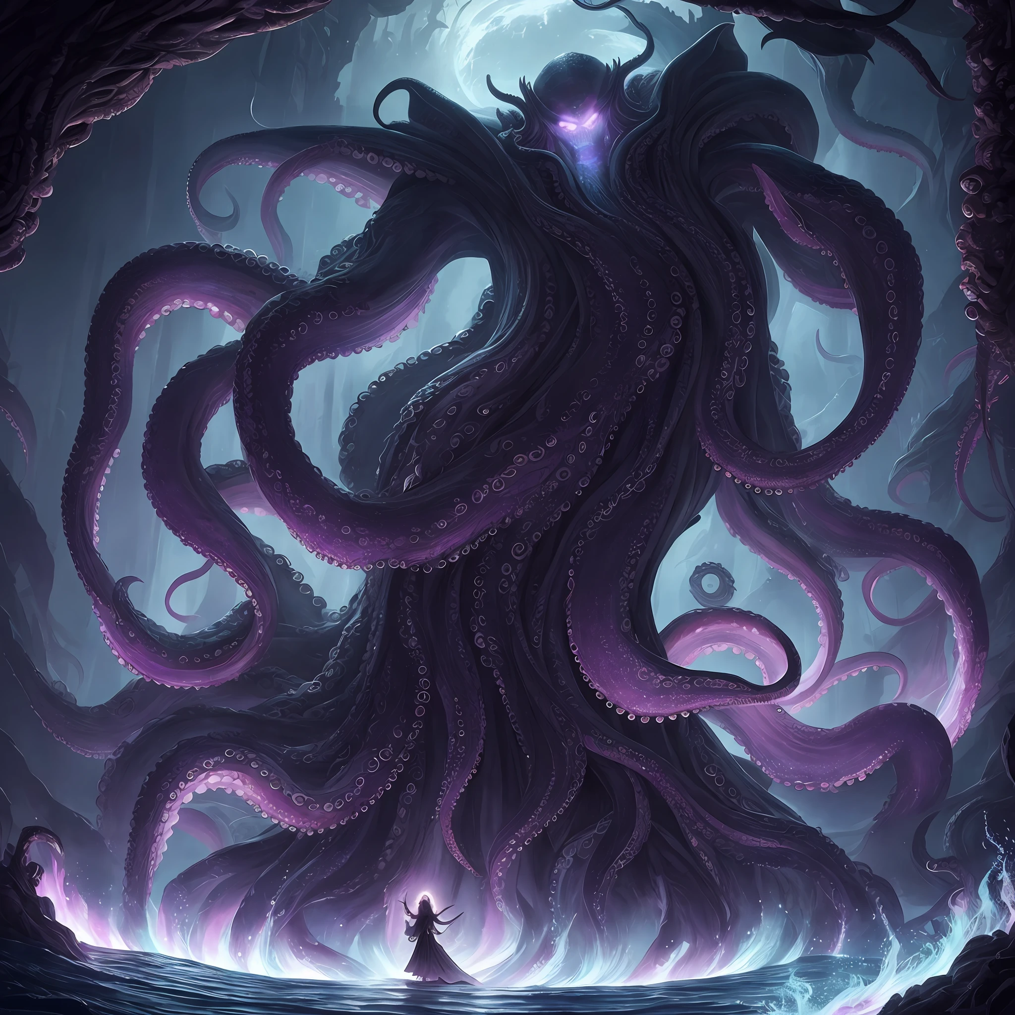 in 8K, top-quality, Real Image, intricate detailes、femele、soio、A giant monster like an octopus behind、A dark-haired、poneyTail、robe blanche、loimu、natta、neons、horor\(theme\) masterpiece、top-quality、ighly detailed --auto