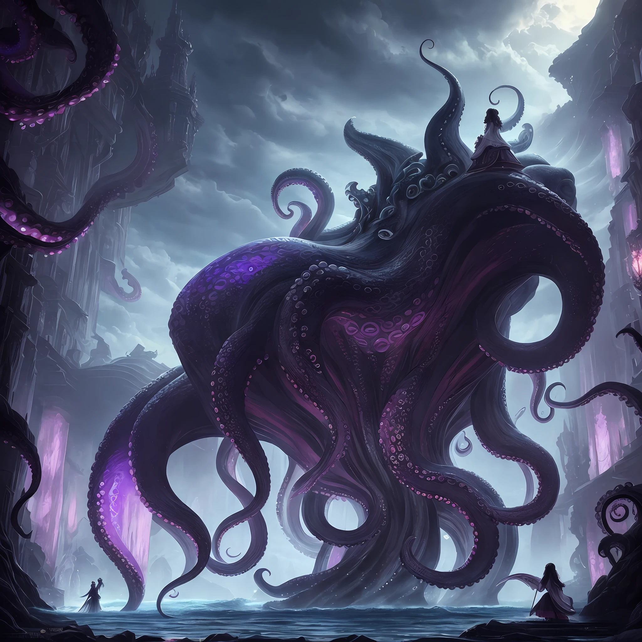 in 8K, top-quality, Real Image, intricate detailes、femele、soio、A giant monster like an octopus behind、A dark-haired、poneyTail、robe blanche、loimu、natta、neons、horor\(theme\)　​masterpiece、top-quality、ighly detailed --auto