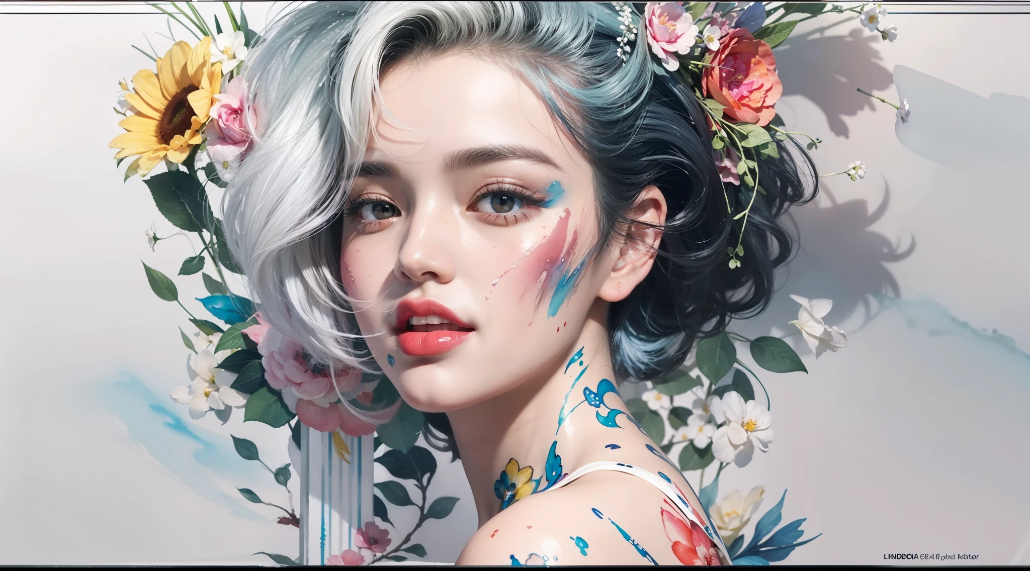 Marilyn Monroe stechu,(white background:1.4), ((tachi-e)), original,(illustration:1.1),(best quality),(masterpiece:1.1),(extremely detailed CG unity 8k wallpaper:1.1), (colorful:0.9),(panorama shot:1.4),(solo:1.2), (ink splashing),(color splashing),((watercolor)), clear sharp focus,{ 1girl standing },((korean style )),flower background,outdoors,rocks, looking at viewer, make happy expressions,soft smile,pure,beautyfull detailed face and eyes,beautyfull intricacy clothing decorative pattern details, black hair,black eyes,colorwater