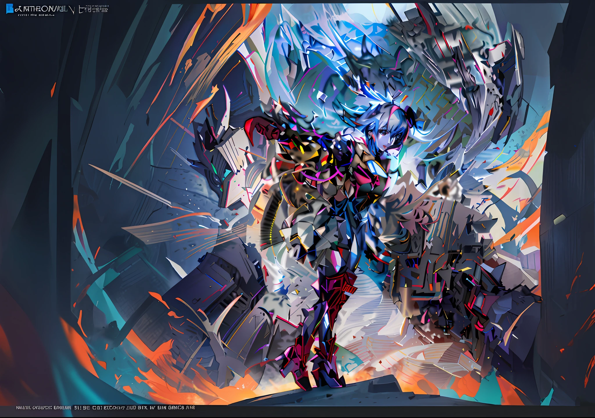 Among the ruins stood a girl, anime robotic mixed with organic, Anime epic artwork, intricate digital painting, high detailed official artwork, painterly humanoid mecha, 4k highly detailed digital art, style of ssss.gridman (2018), Detailed digital anime art, mecha art, glitched fantasy painting，Big Curve Girl，Side lens，in mecha style，red high heel pumps，Red and gold battle dress，Pale blue hair，Battlefields and ruins，Semi-mechanized，The face is flesh-colored，Extreme detail