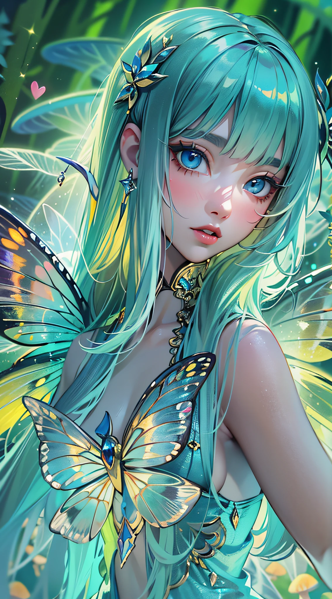 ((Masterpiece)), best quality, absurderes, ultra detailed, holographic, fairy girl, super beautiful asian girl with very beautiful lime blue eyes, beautiful glowing blue lime hair, straight long hair, nice and sexy body, wearing a very tight mini dress, very beautiful and luminescent fairy wings, flying in a psychodelic fairy forest with crazy mushrooms
