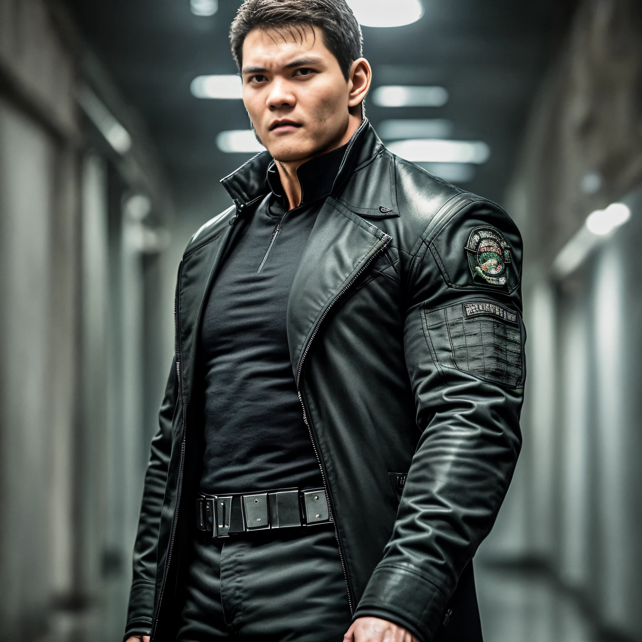 Chris Redfield if he was played by Tom Cruise in live action, wearing black long sleeves, black coat, tall and hunk, best quality, masterpiece, high resolution, soft lighting, dark gloomy hallway in the background, detailed face, super realistic, center focus