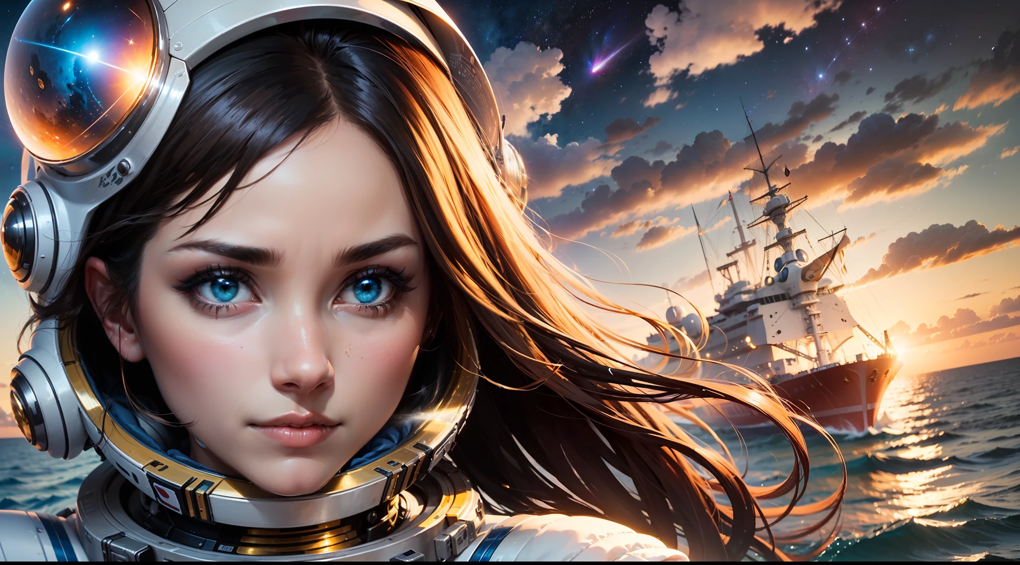 ((one woman looking at camera)), detailed face, ((big nose)), mid shot, (chrome golden and blue sci-fi space suit), brown hair, (white clouds), sunset, stars, ships far away in ocean