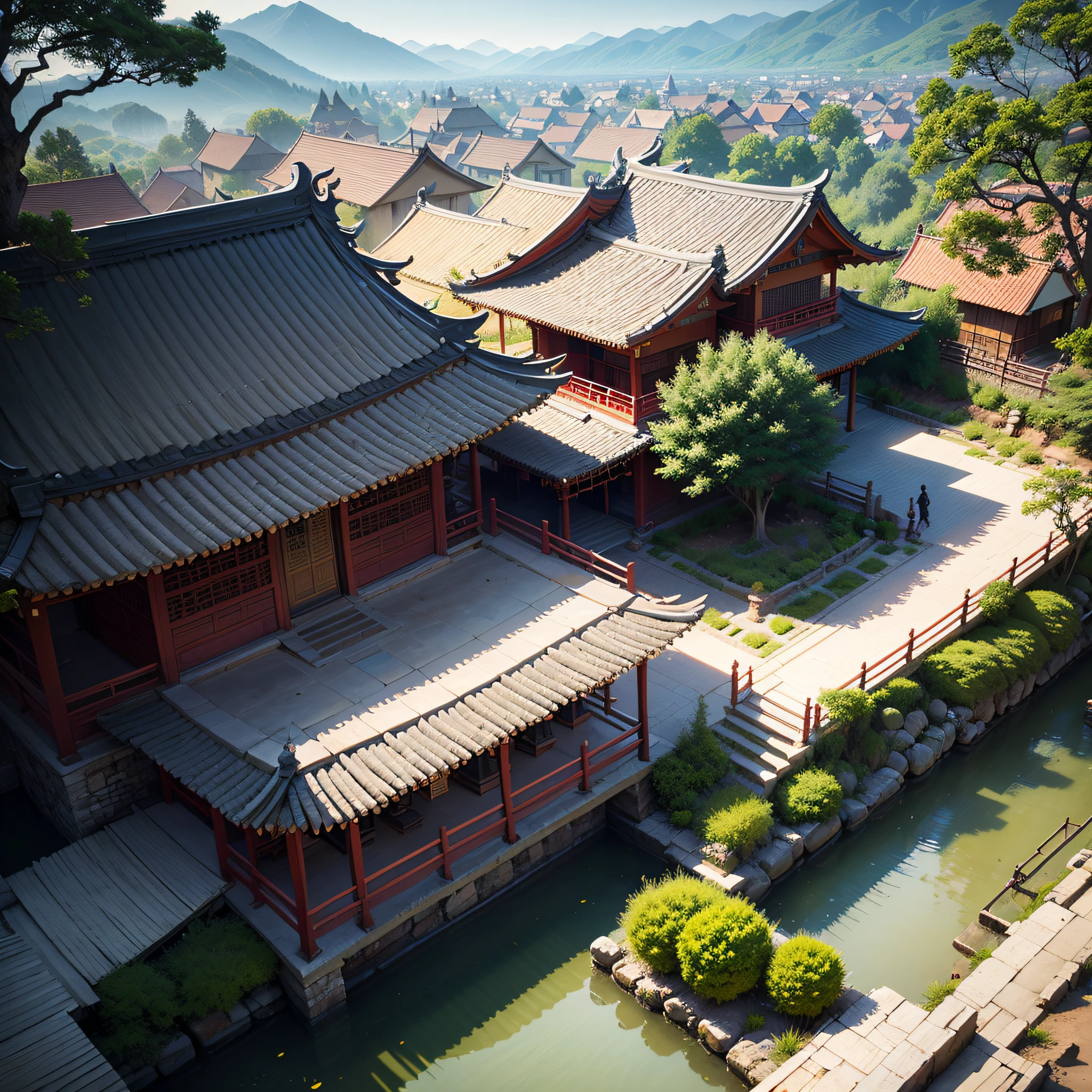 an aerial view of a village surrounded by mountains, a digital rendering, oriental, medieval Asian architecture, wuxia, golden-red, narrow streets, porch lanterns, flowers, crystal clear streams, beautiful, 8k --auto