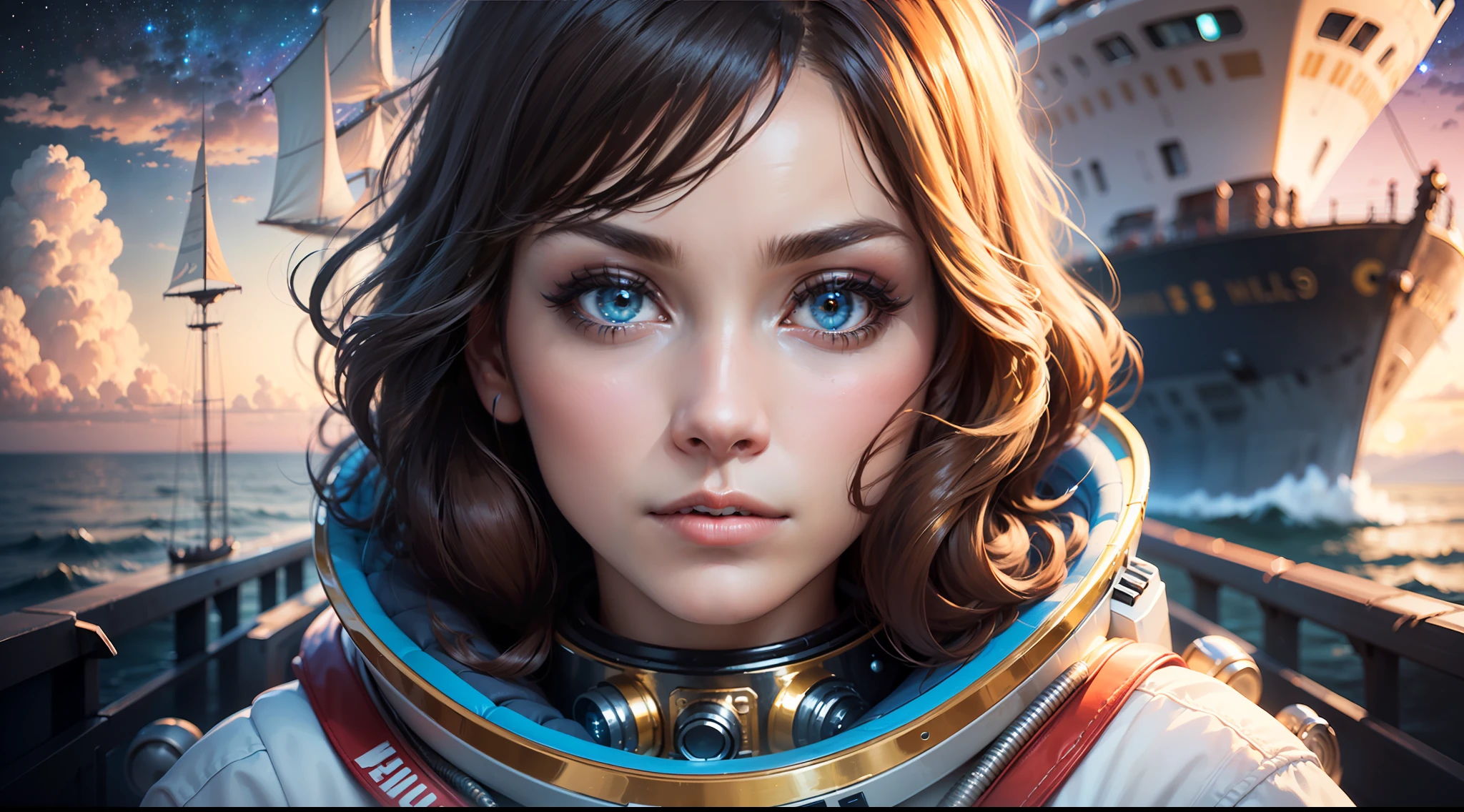 ((one woman looking at camera)), detailed face, ((big nose)), mid shot, (chrome golden and blue sci-fi space suit), brown hair, (white clouds), sunset, stars, ships far away in ocean
