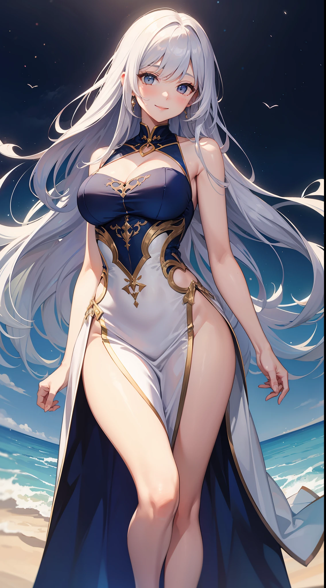 Tall girl, Long white hair, Blue, Rich sleeveless dress, open ???????, ssmile, Masterpiece, hiquality