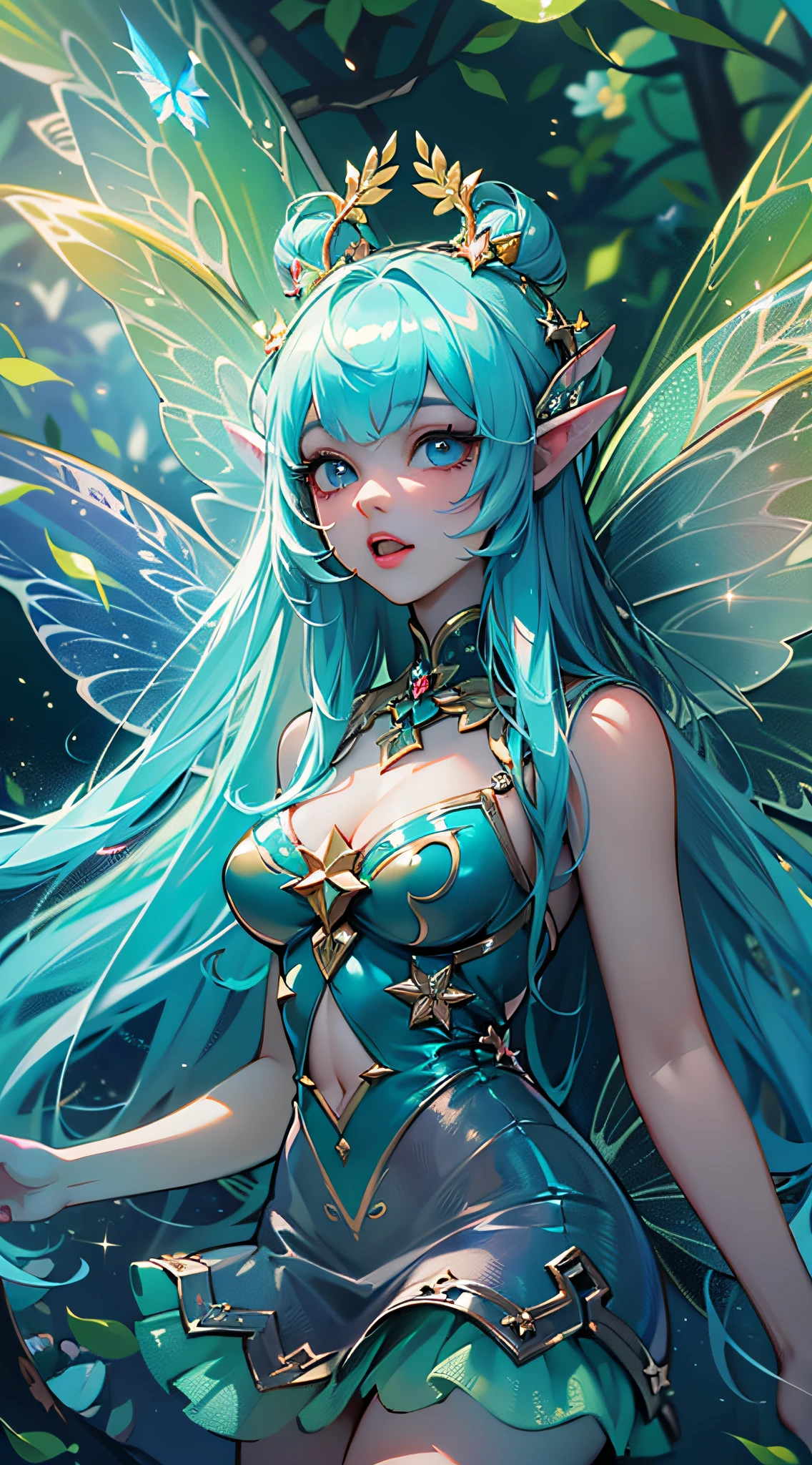 ((Masterpiece)), best quality, absurderes, ultra detailed, holographic, fairy girl, super beautiful asian girl with very beautiful lime blue eyes, beautiful glowing blue lime hair, straight long hair, nice and sexy body, wearing a very tight mini dress, very beautiful and luminescent fairy wings, flying in a psychodelic fairy forest with crazy mushrooms