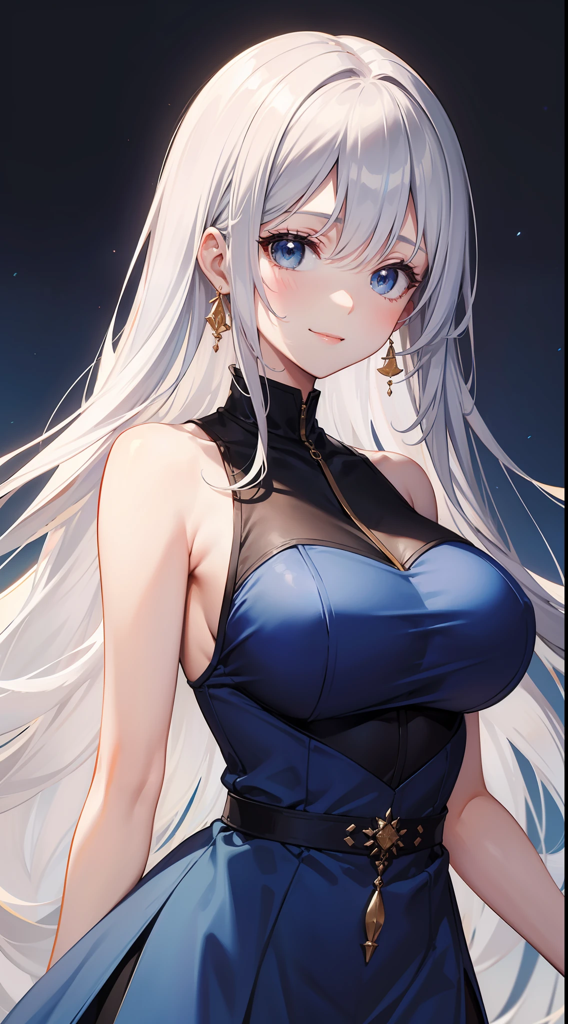 Tall girl, Long white hair, Blue, Rich sleeveless dress, open breasts, ssmile, Masterpiece, hiquality