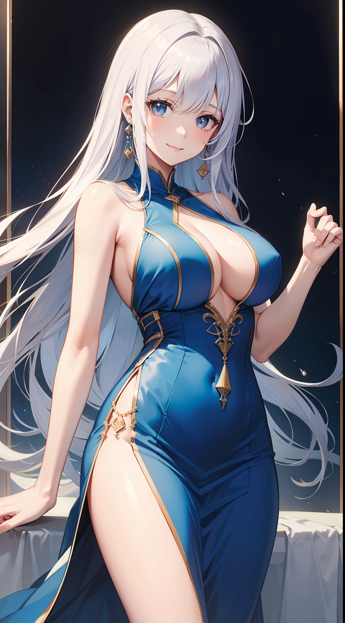 Tall girl, Long white hair, Blue, Rich sleeveless dress, open breasts, ssmile, Masterpiece, hiquality
