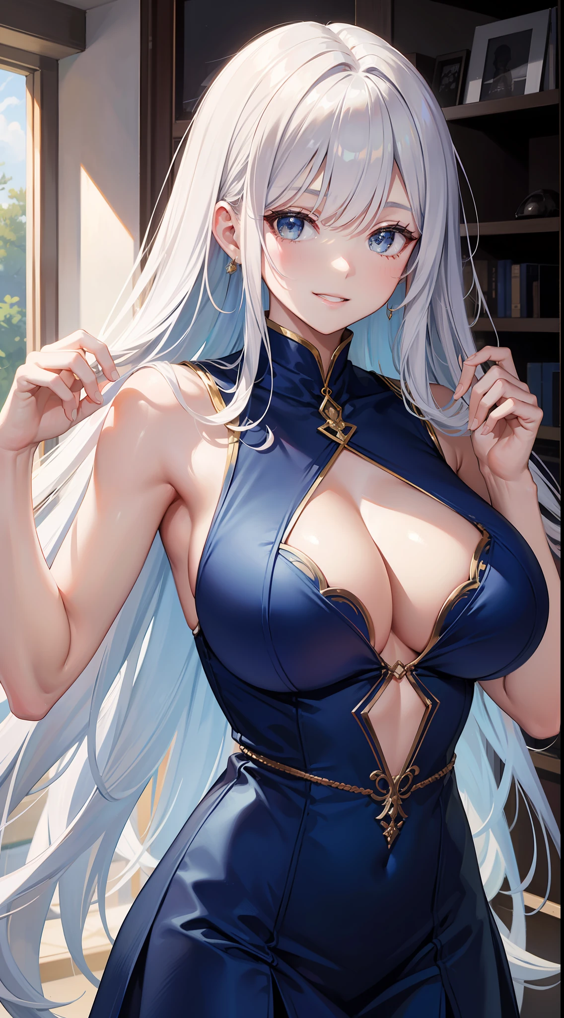 Tall girl, Long white hair, Blue, Rich sleeveless dress, open breasts, ssmile, Masterpiece, hiquality