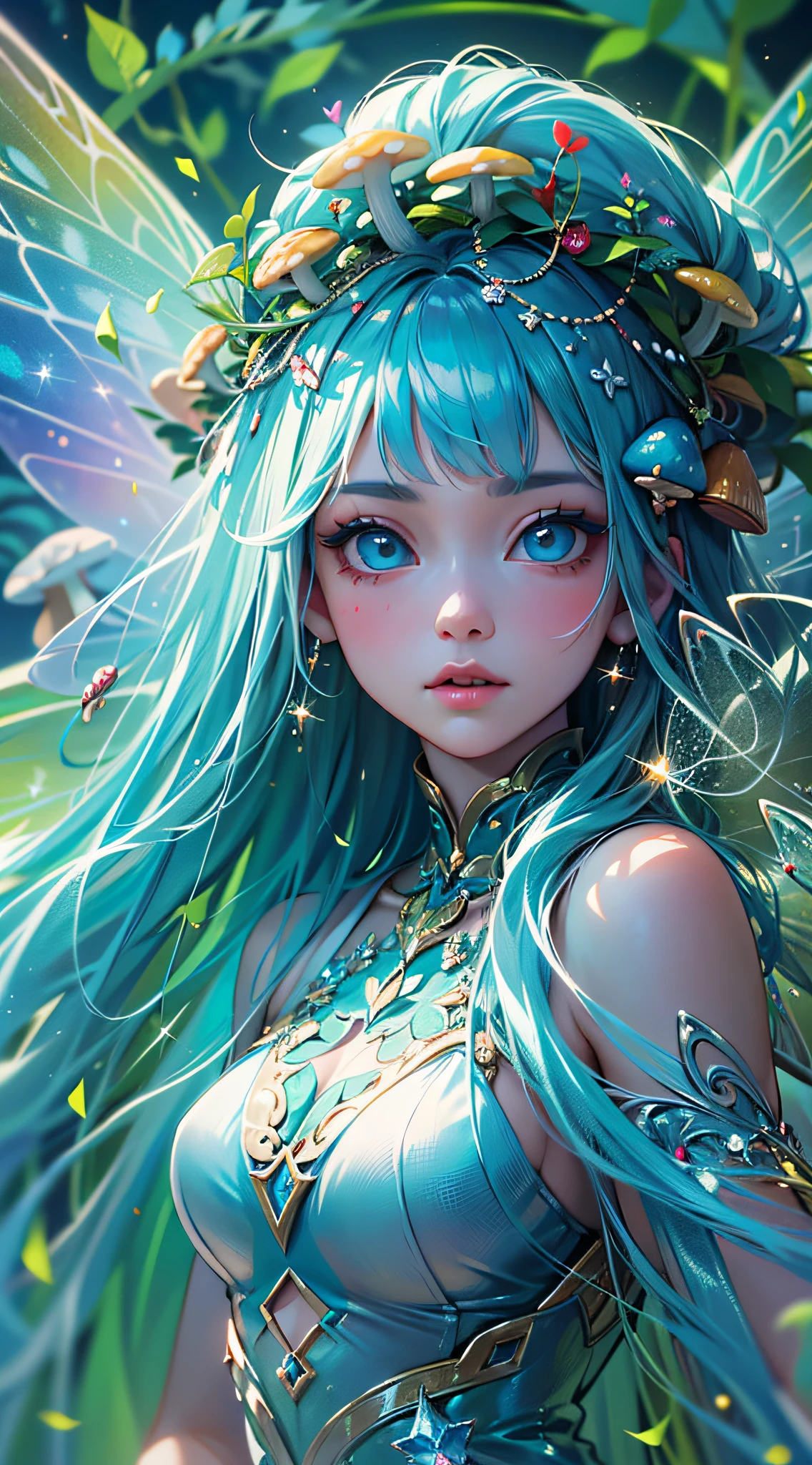 ((Masterpiece)), best quality, absurderes, ultra detailed, holographic, fairy girl, super beautiful asian girl with very beautiful lime blue eyes, beautiful glowing blue lime hair, straight long hair, nice and sexy body, wearing a very tight mini dress, very beautiful and luminescent fairy wings, flying in a psychodelic fairy forest with crazy mushrooms