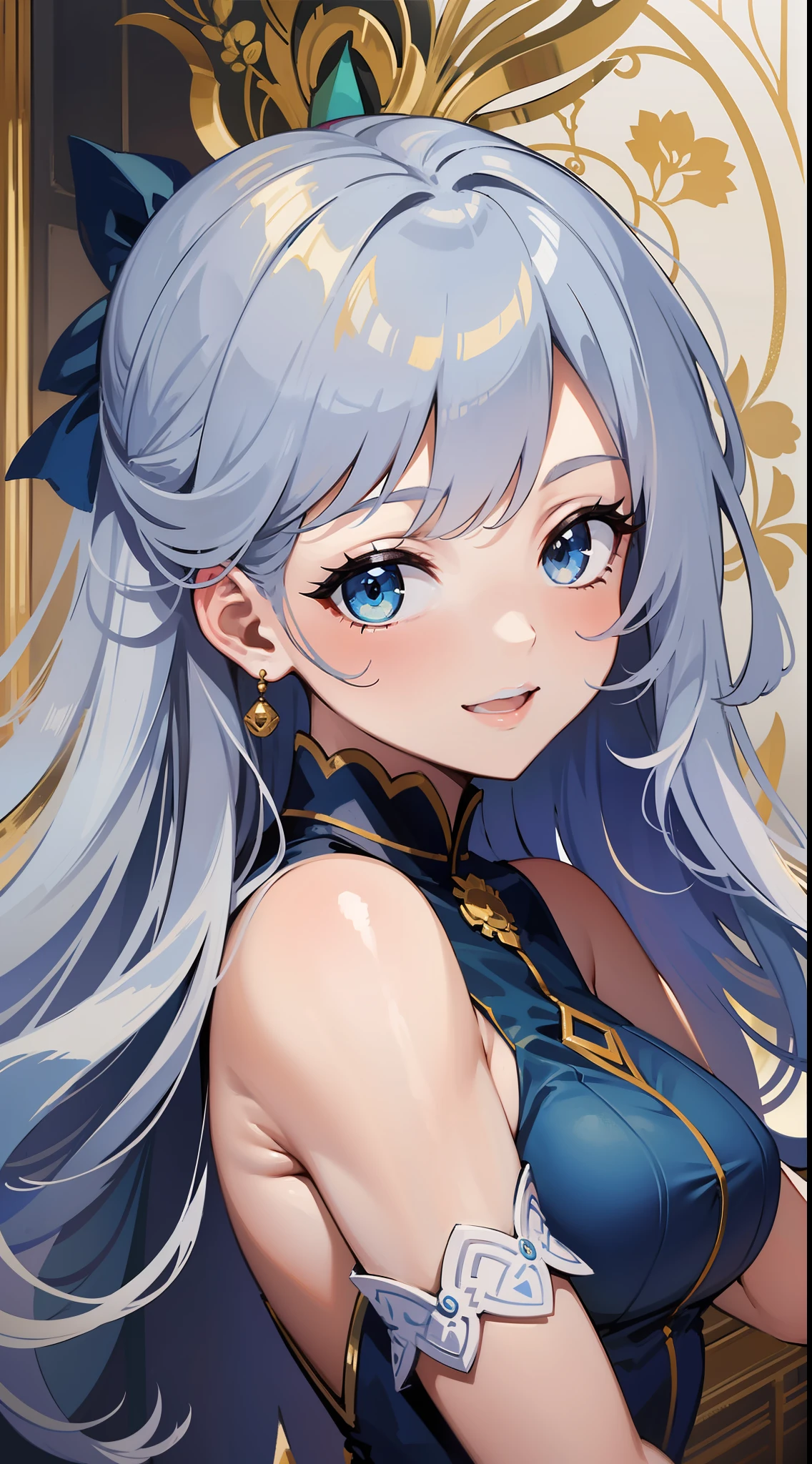 Tall girl, Long white hair, Blue, Rich sleeveless dress, open breasts, ssmile, Masterpiece, hiquality