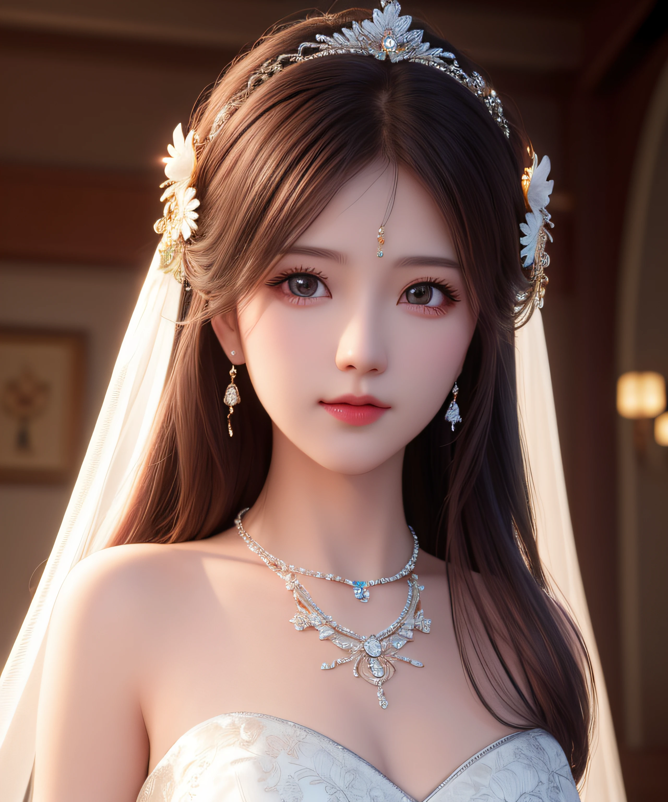 Best quality, masterpiece, high resolution, 1girl, porcelain dress, hair accessories, necklace, jewelry, beautiful face, on the body, Tyndall effect, realistic, dark studio, edge lighting, two-tone lighting, (high detail skin: 1.2), 8k UHD, dslr, soft light, high quality, volumetric light, candid, photo, high resolution, 4k, 8k, background blur,