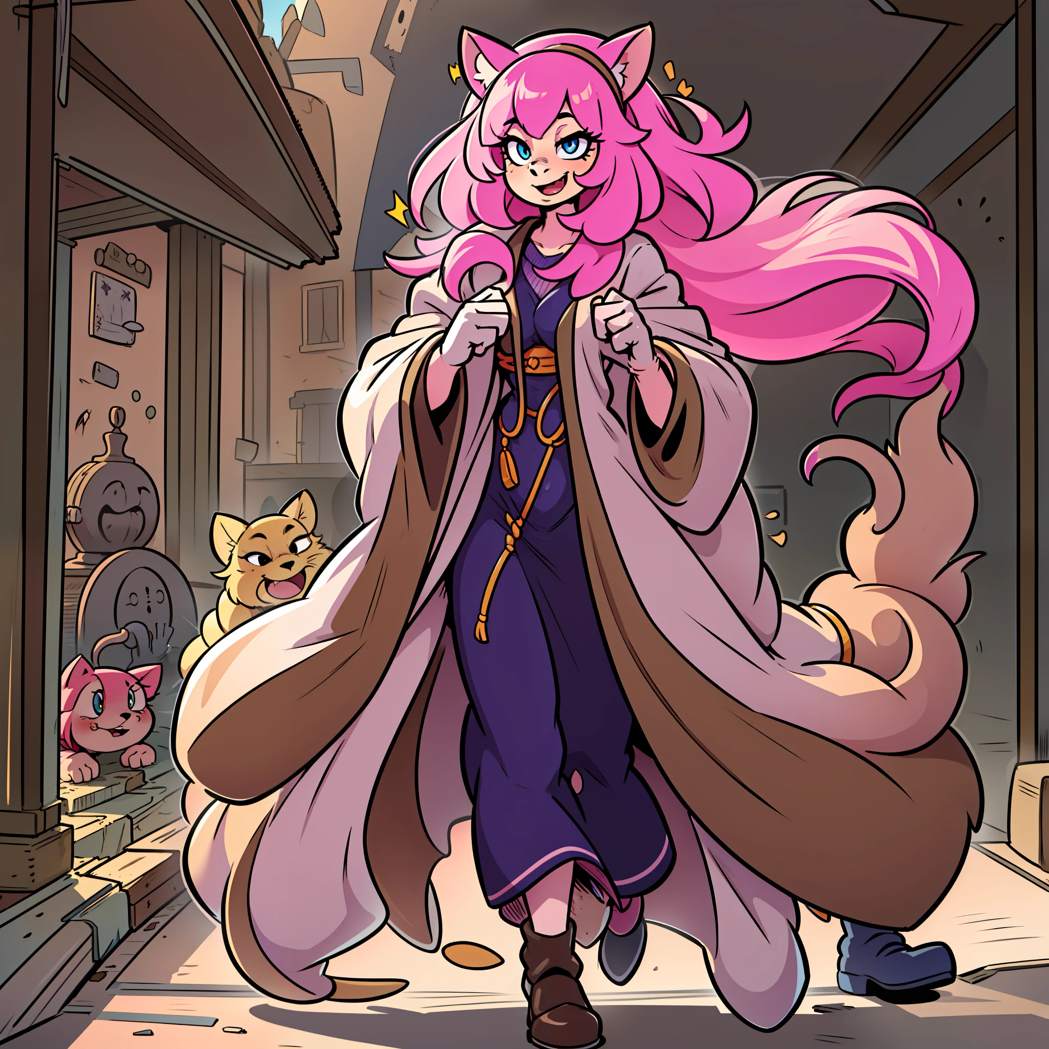 catgirl, furry, toon, cartoon, pink hair, walking,, lion tail, cat ears, animal nose, coat, vest, smile, long dress, long robe, long skirt, priestess, religiouse