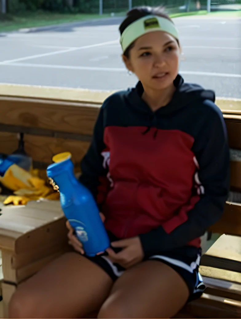 there is a woman that is sitting down on a bench,Water bottle in hand, maya takamura, Serena Marion, Martina Fackova, alina ivanchenko, ekaterina, author:David Ruby, Karolina Cummings, Sofia Emerenko, Svetlana Tigai, shiori teshirogi, nanae kawahara --auto