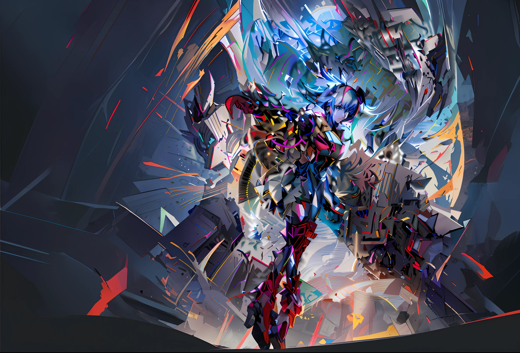 Among the ruins stood a girl, anime robotic mixed with organic, Anime epic artwork, intricate digital painting, high detailed official artwork, painterly humanoid mecha, 4k highly detailed digital art, style of ssss.gridman (2018), Detailed digital anime art, mecha art, glitched fantasy painting，Big Curve Girl，Side towards the lens，in mecha style，red high heel pumps，Red and gold metallic combat suit，Pale blue hair，Battlefields and ruins，Semi-mechanized，The face is flesh-colored，Extreme detail