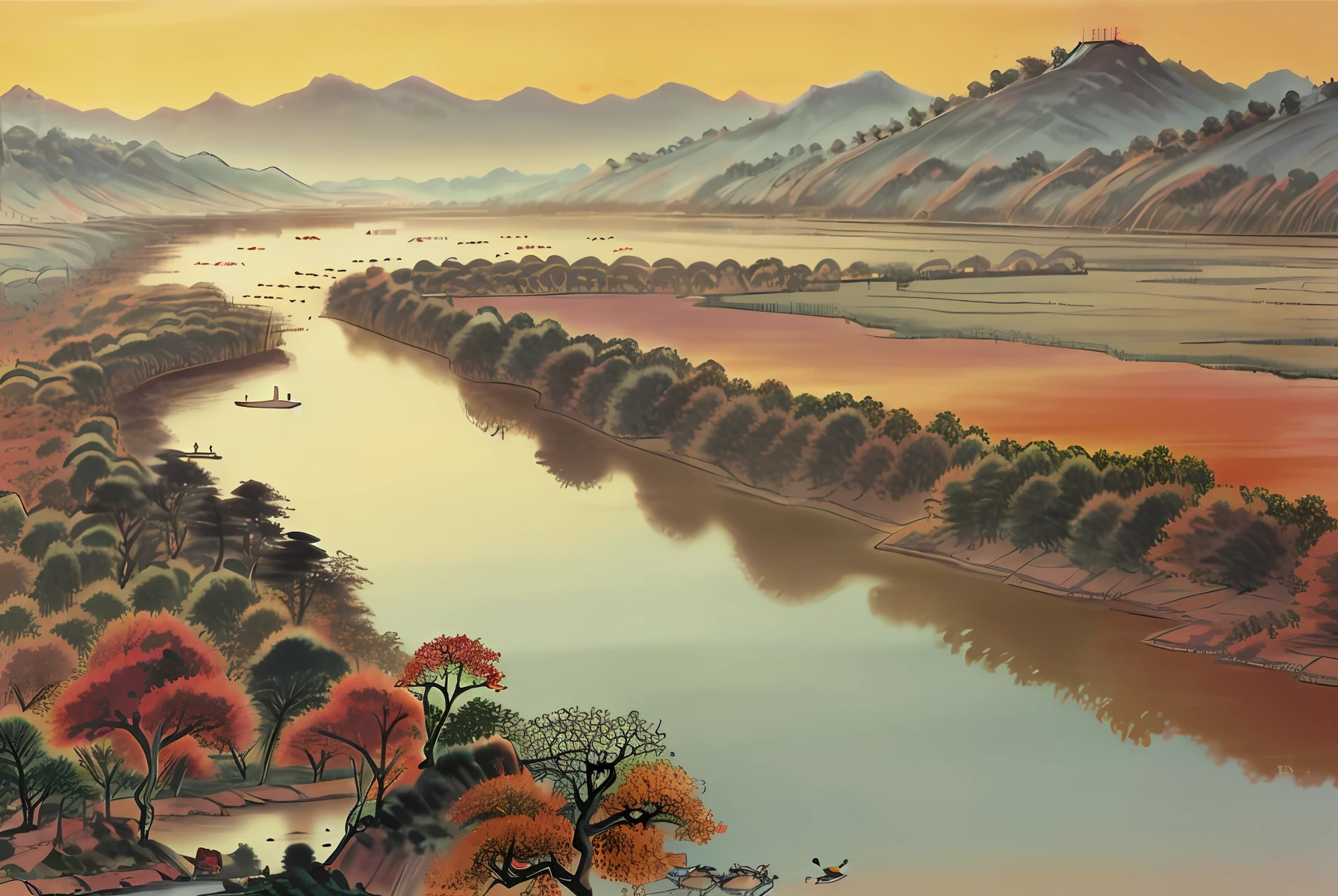 The sunset and the solitary crane fly together,The autumn water is the same for a long time。
autumnal,Ancient style China,Yangtze River,evening light,The wild geese have always flown alone,The water of the Yangtze River mixes with the sunset