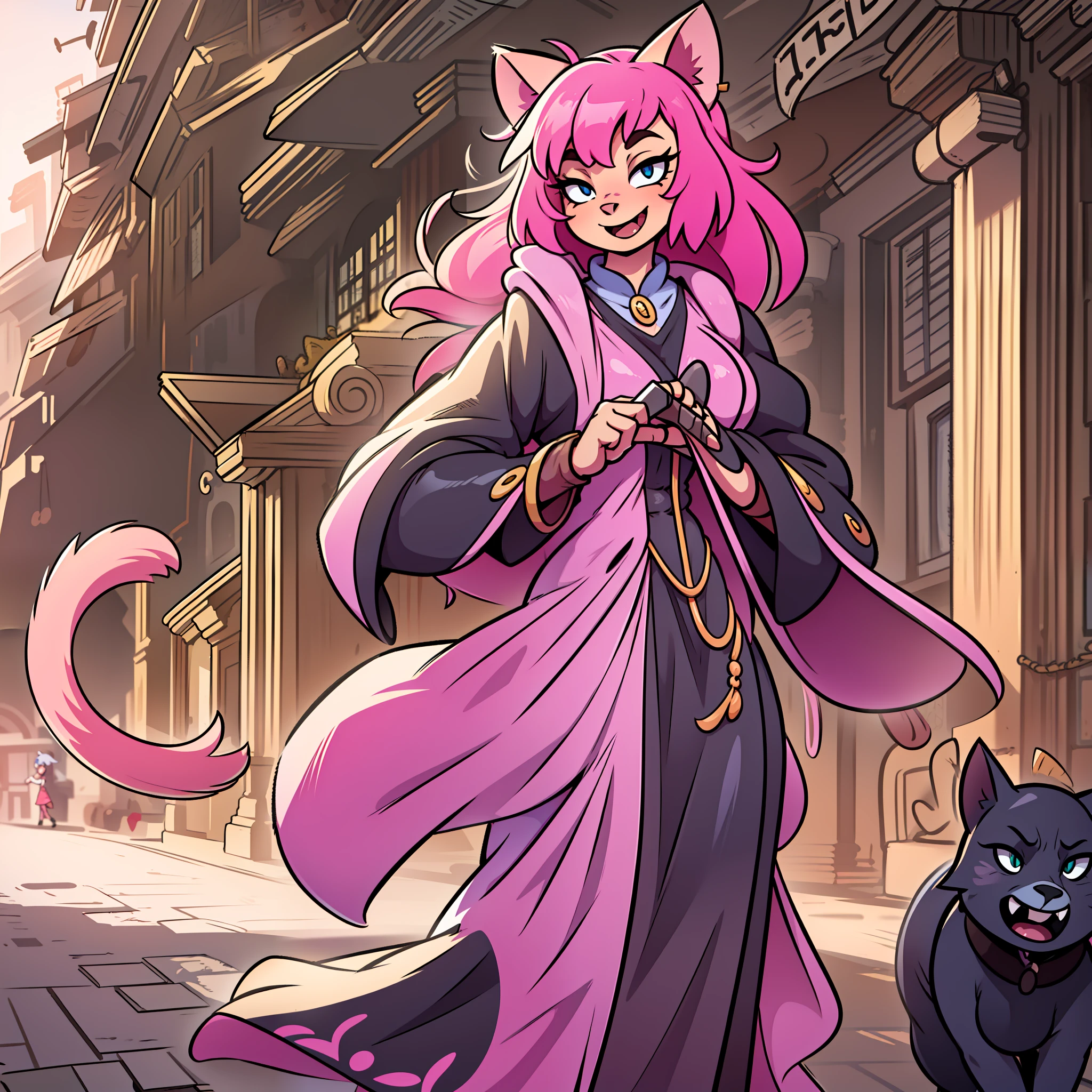 catgirl, furry, toon, cartoon, pink hair, walking,, lion tail, cat ears, animal nose, coat, vest, smile, long dress, long robe, long skirt, priestess, religiouse