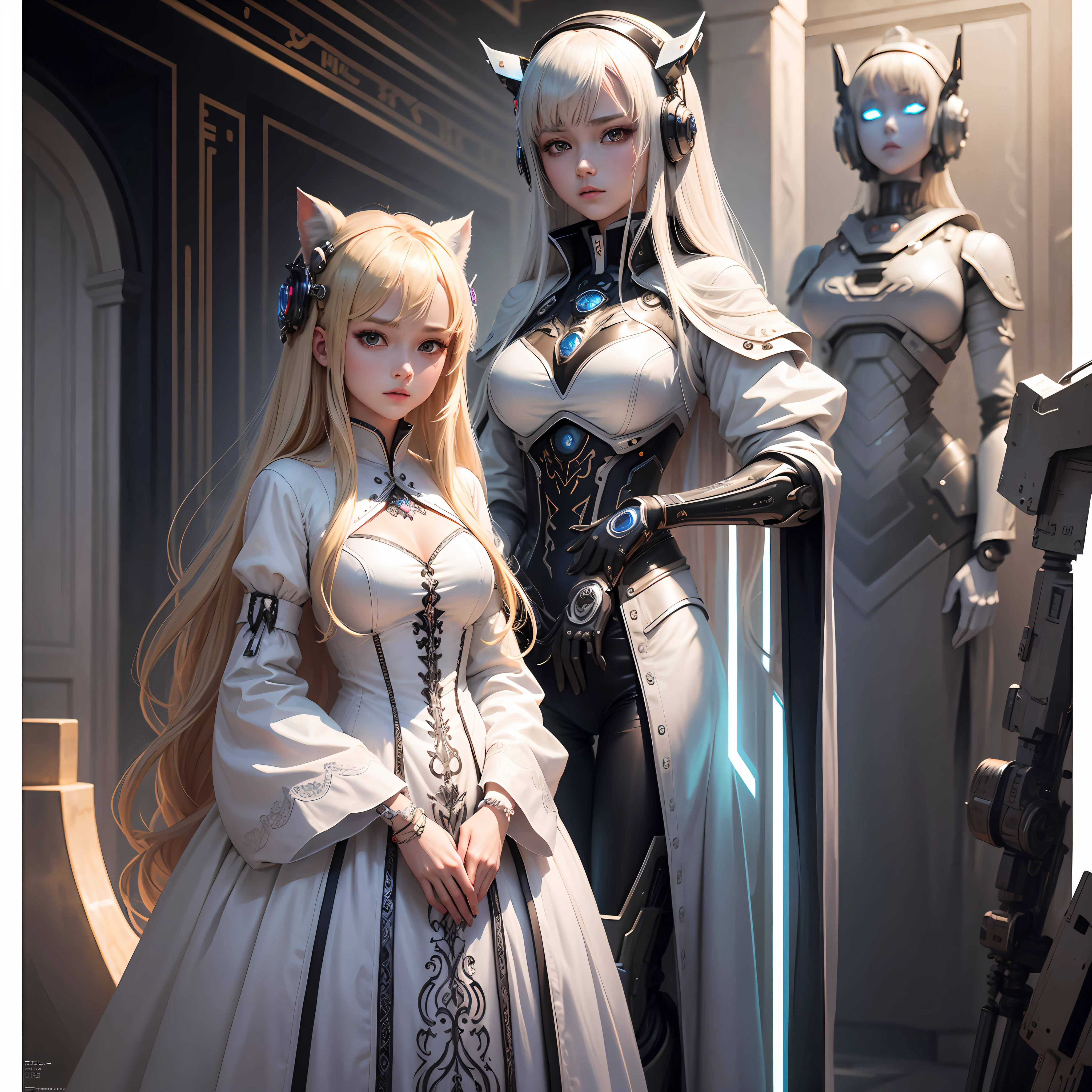 In K, top-quality, Real Image, intricate detailes,1girl in、huge robot、blonde  hair、robe blanche、loimu、natta、neons、horor\(theme\)　​masterpiece、top-quality、ighly detailed --auto
