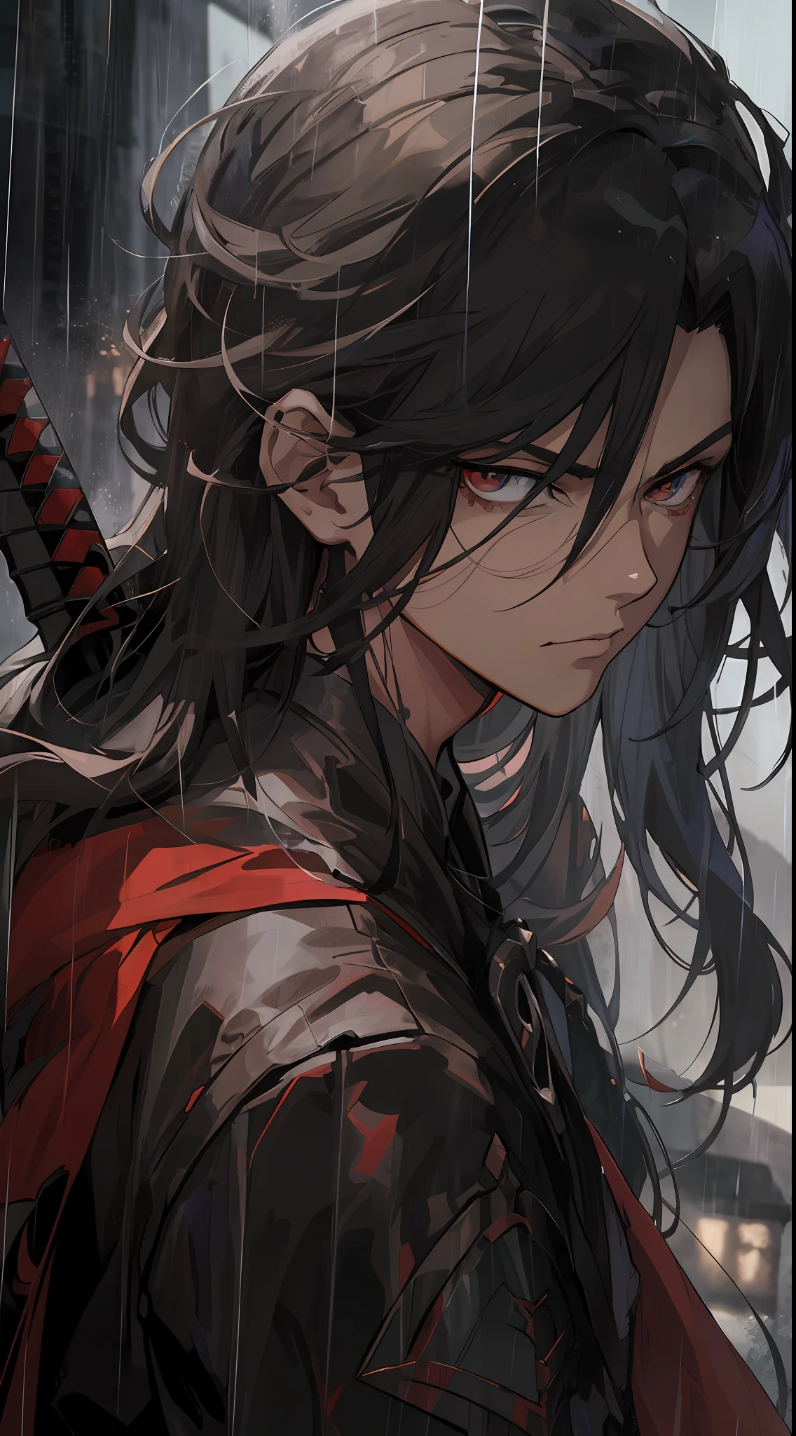 Anime, Man with sword in hand in rain, handsome guy in demon slayer art, by Yang J, badass anime 8 K, Detailed Digital Anime Art, detailed anime character art, 4 k manga wallpaper, anime tribal boy with long hair, anime art wallpaper 4k, anime art wallpaper 4k, Anime art wallpaper 8k, detailed fan art
