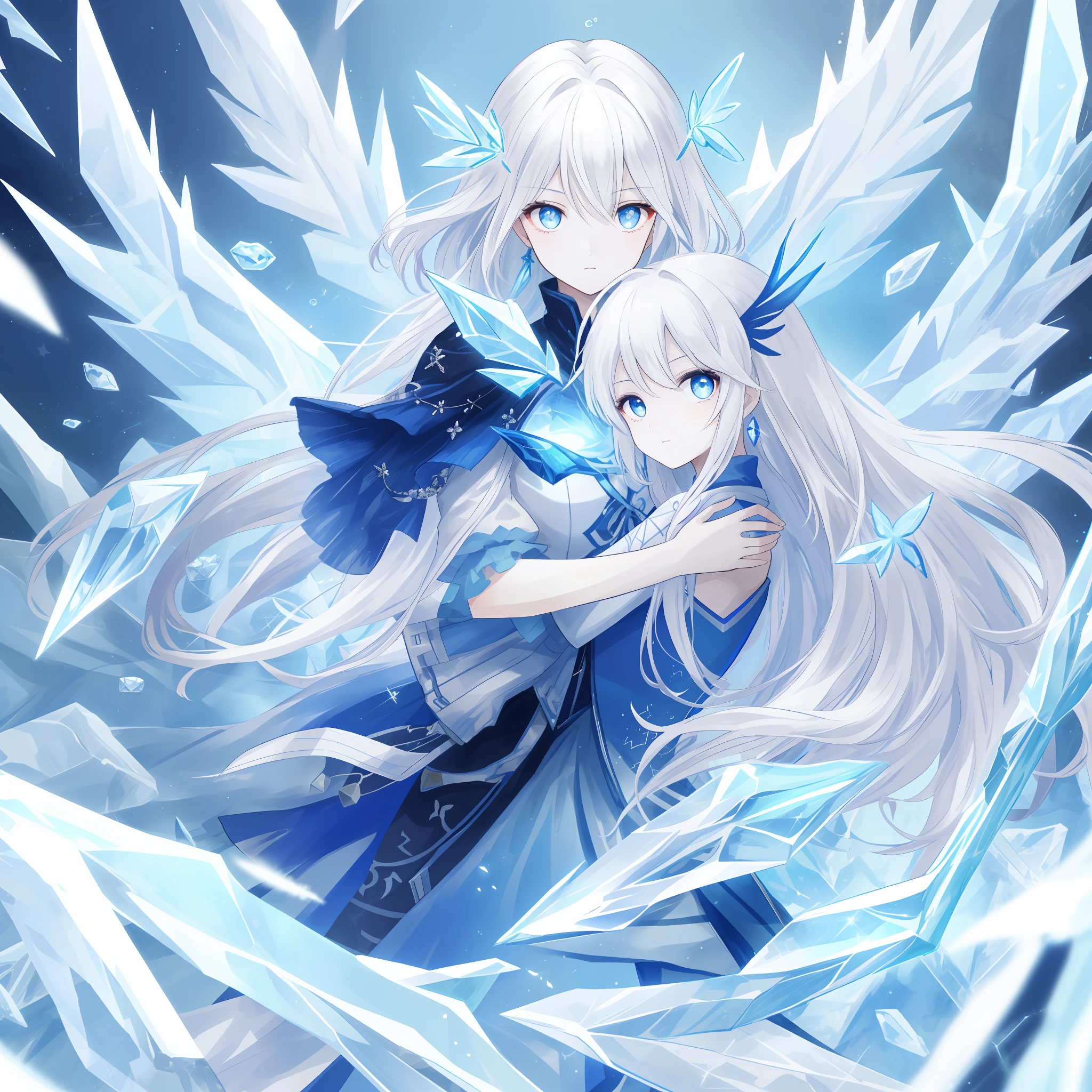 top-quality、high-level image quality、High quality、Luxury、Thin、1 girl with big、white hair、Blue eyes、radiant eyes、Sparkling eyes、Eyes that seem to be sucked in、Light shining、up of face、Hug the ice sword、Air bubble、Glossy look、Ice feathers、butterflys々Fluttering、Enlarge your face、