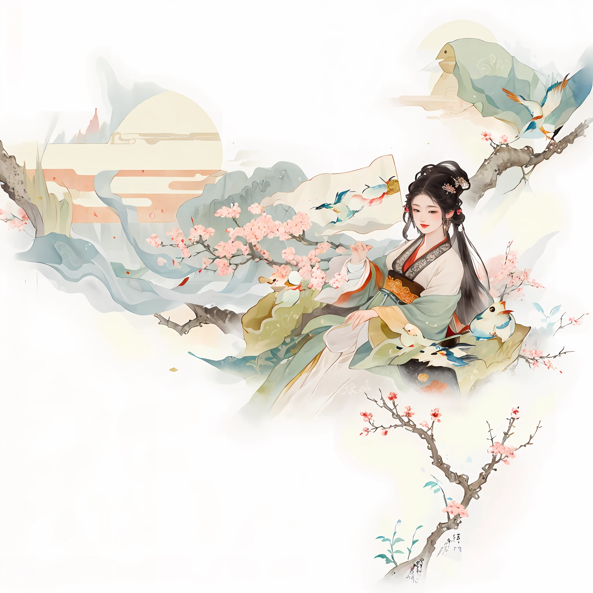 There was a woman sitting on a branch,There is a bird, Princesa chinesa antiga, A beautiful artwork illustration, Chinese painting style, Chinese watercolor style, an ancient Chinese goddess, Chinese style painting, Palace , A girl in Hanfu, flowing sakura-colored silk, ancient chinese beauti, ancient china art style, inspired by Yun-Fei Ji, Traditional Chinese painting, Traditional Chinese art