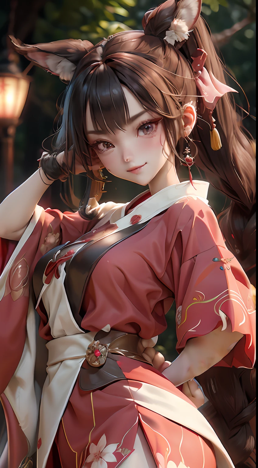 Bigchest, brunette color hair, largeeyes, Round eyes, Cherry small mouth, hyper HD, side ponytail, hair ribbon, jeweled branch of hourai, mole under eye, wince, fox ears, evil smile, torogao, naughty face, depth of field, god rays, close-up, Wide-Angle, highres, masterpiece, best quality