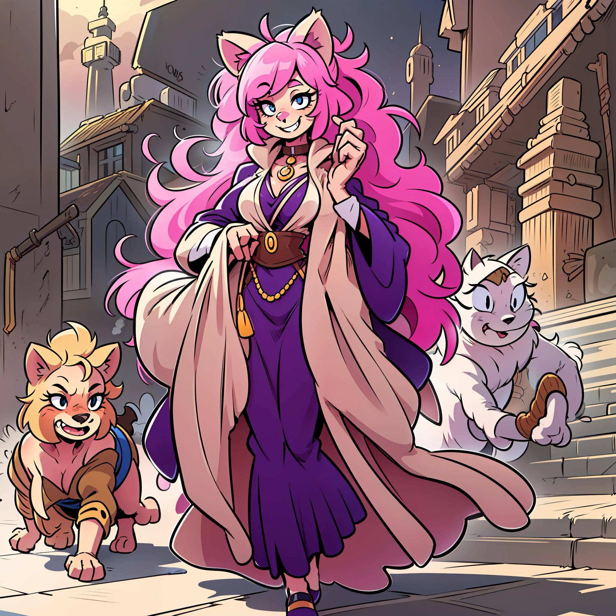 catgirl, furry, toon, cartoon, pink hair, walking,, lion tail, cat ears, animal nose, coat, vest, smile, long dress, long robe, long skirt, priestess, religiouse