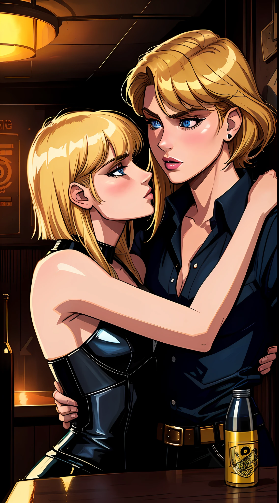 (intense atmospheric lighting, 80s inspired art style), dystopian, bar, (2 girls), girlfriends, (black hair, one-side bang:1.2, medium length), blue eyes, (blonde hair, ecchi, yuri), dark tone. kissing