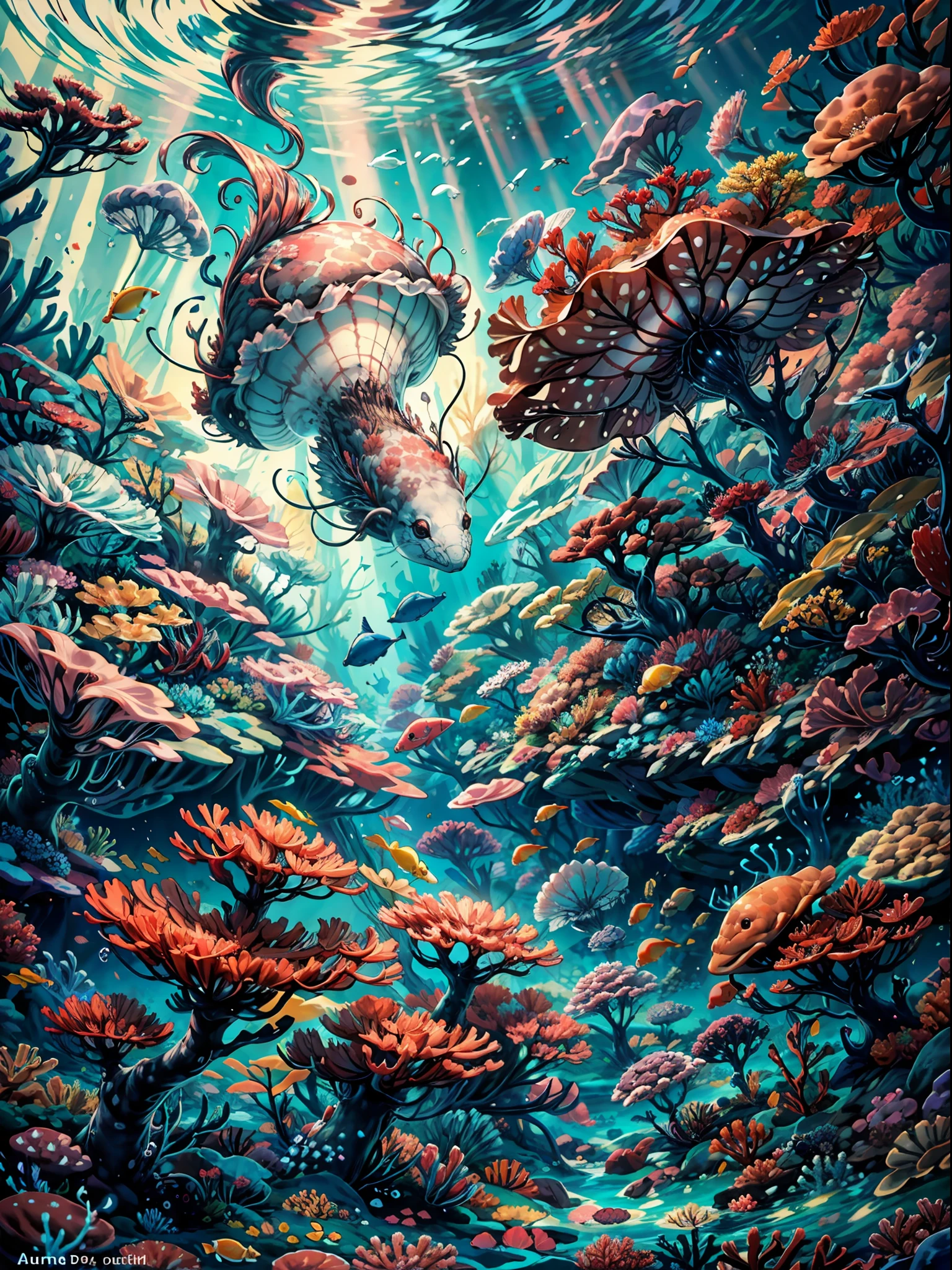 The image captures a surreal and otherworldly underwater scenery that is mesmerizingly beautiful, The foreground of the image is dominated by a vast, colorful coral reef, with a variety of coral species creating a tapestry of bright and vivid colors BREAK A myriad of small and large fishes dart in and out of the coral, adding to the sense of life and motion in the image. What truly sets this image apart from others, however, are the jellyfishes. These ethereal creatures are captured in a way that makes them seem almost like they are floating through the air, their long tentacles trailing behind them, as if they were a group of delicate ballerinas BREAK The jellyfishes are also illuminated from within, creating an otherworldly glow that seems to radiate throughout the entire image. The overall effect of the image is one of a dreamy and surreal underwater world, where the beauty of nature is both hauntingly serene and magnificent.