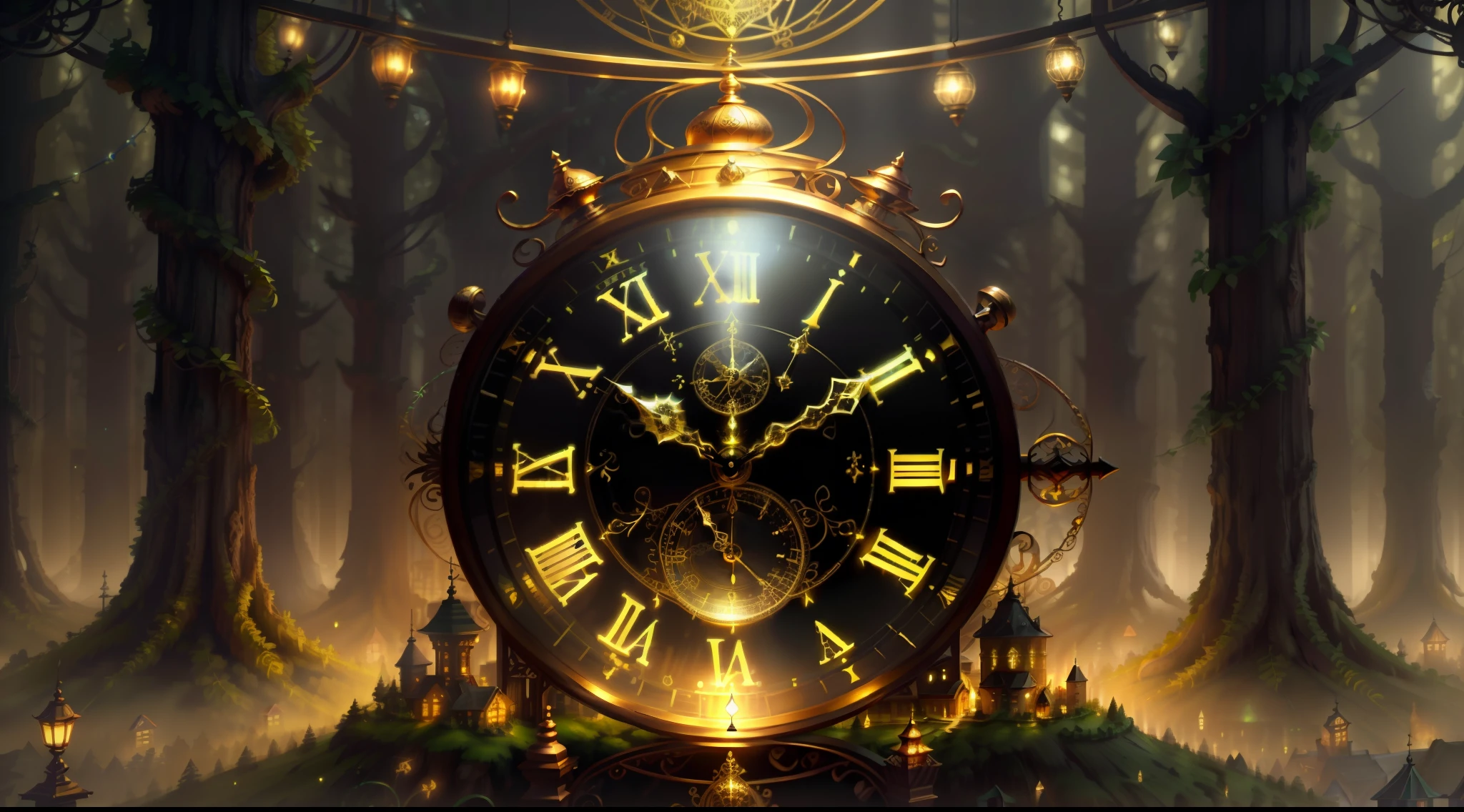 Photo of a large hand holding an antique gold watch, A mini city under the clock, Small houses under the clock, smagia-fantasia-floresta, Arte Digital, most amazing art in the world, ((Sem humanos)), light volumetric, cores suaves equilibradas, forest scenario, videiras, UHD, render de octanas 8k, Magia, Awesome, Ethereal, intrincado, design intrincado, Ultra sharp, Sombras, cores mais frias, trend in CGSociety, olhos brilhantes, ((melhor qualidade)), ((obra-prima)), (detalhado), antique clock