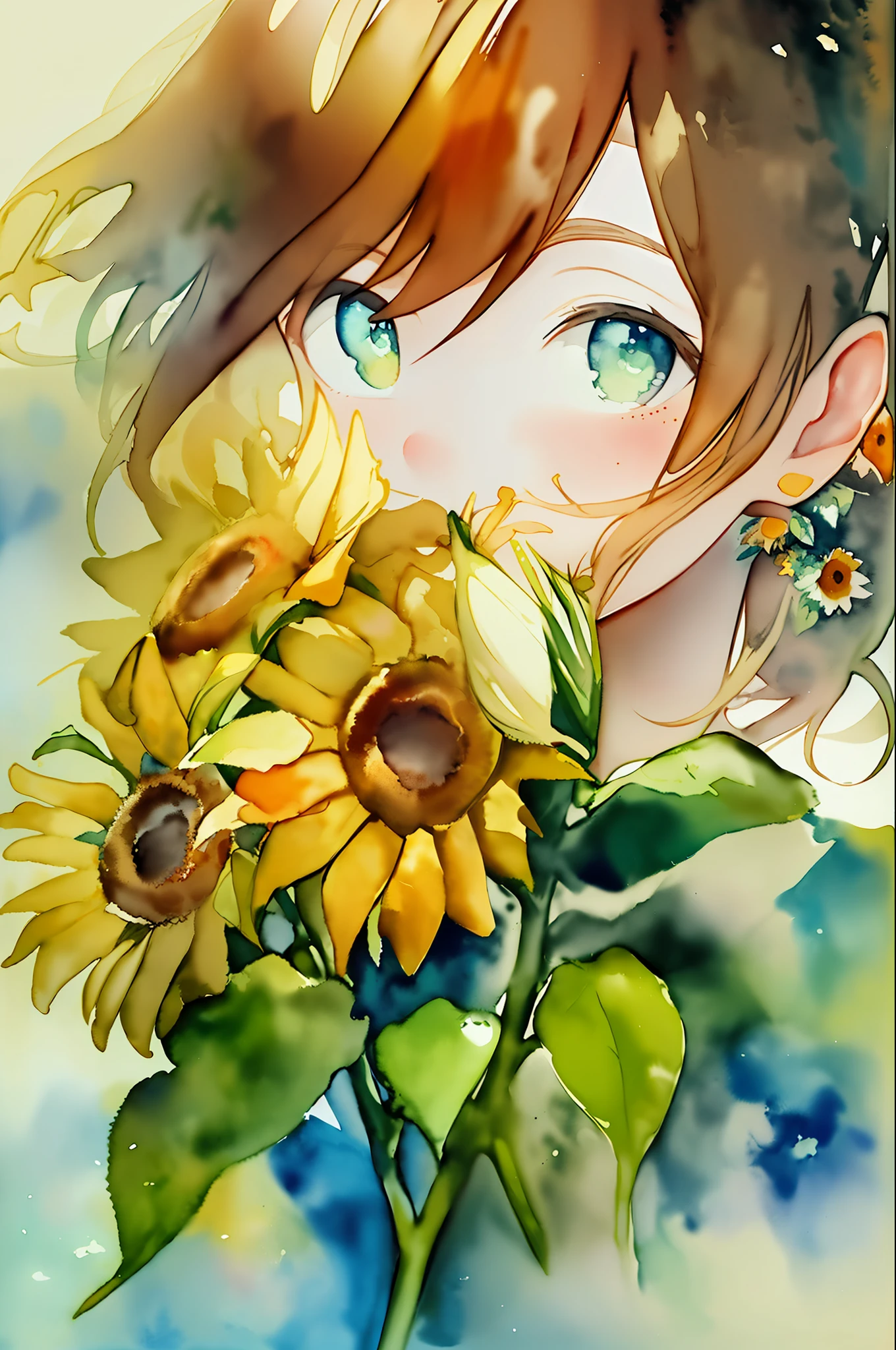 (watercolor:1.2),1girl, solo, flower, sunflower,freckles, portrait, leaf, bangs, signature, yellow flower, brown hair, long hair, green eyes, hair between eyes, flower earrings