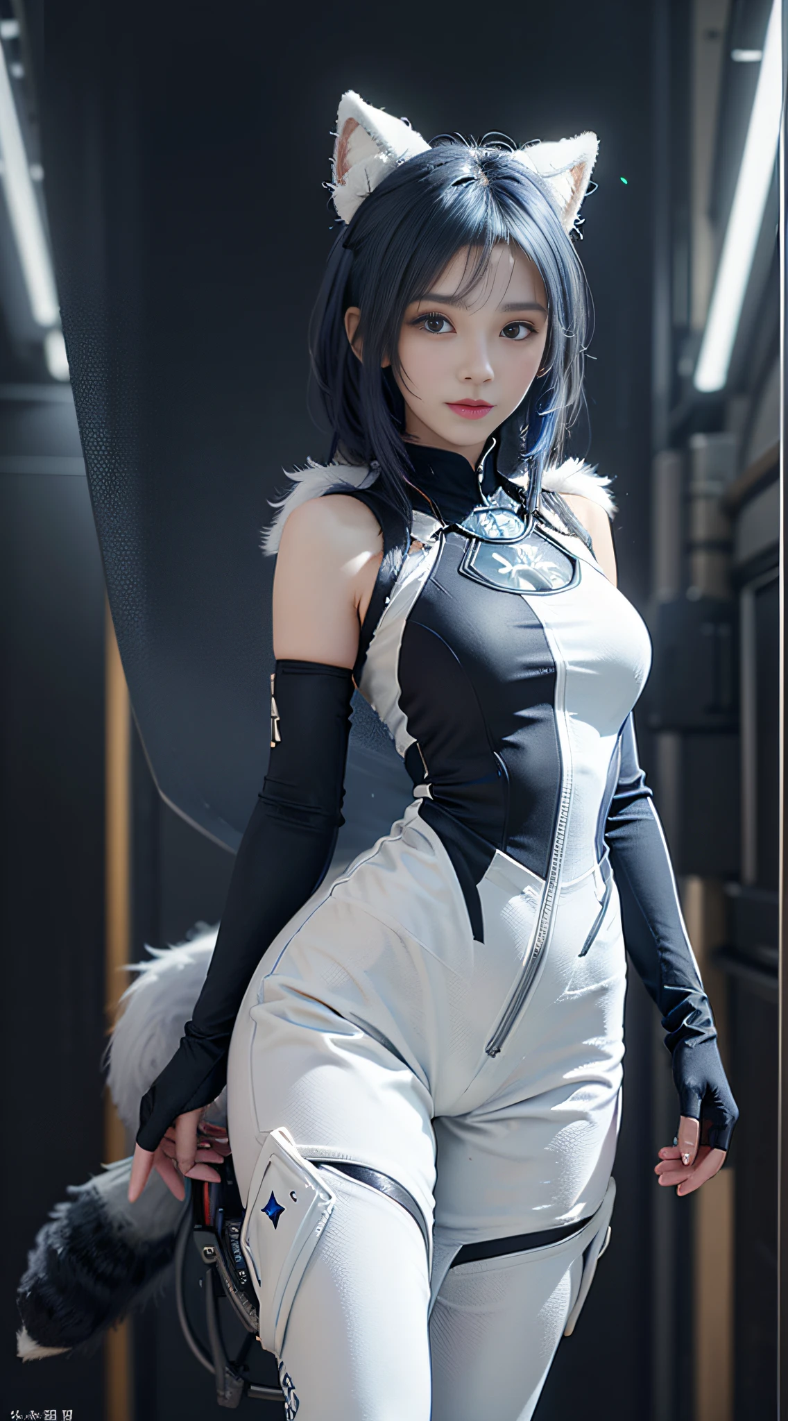 Realistis,tmasterpiece,Best quality at best,Dark theme,best qualtiy,超高分辨率,(Realiy感),(Detailed eyes:1.4),(Realiy,Realiy感:1.4), ((Dark blue and white fur)), ((Short blue hair)) and (Clear eyes) and ((Long, Fluffy tail)), (Detailed fur), (Petite body, Hourglass figure,:1.1) ((full body)), Break free,Stand on the space station, (Back view, (bent down)), (Detailed background, Depth of field, half body shadow, ambient light on the body), (Intricate:1), (High detail:1.2), (illusory engine:1.1), (Soft focus:1.1), questionable content, (Masterpiece, Best quality, 4K, 2K, shaded, absurd res), Break (Wearing a sci-fi white jumpsuit with a hexagonal pattern:1.4), niji