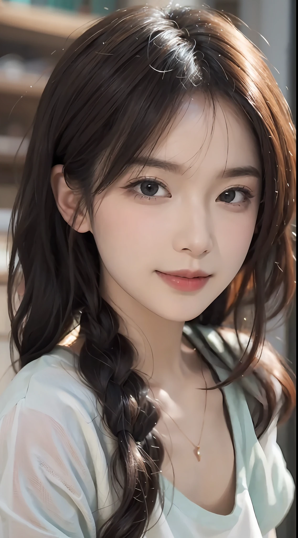 (RAW photogr:1.2), (Photorealistic:1.4), 1girll, 18 years old,adolable,a baby face,The most beautiful girl,Goose egg face,Oval face,Fleshy on the face,Good facial features,Sweet smiling,The smile and the eyes are charming and attractive,Beautiful Meticulous Girl, very detailed eyes and faces, Beautiful detailed eyes, ultra - detailed, A high resolution, The is very detailed,best qualtiy,tmasterpiece,illustratio,The is very detailed,CG,unified,8K wallpapers,finely detailled,tmasterpiece,best qualtiy, Wallpapers,light in face,Movie lighting,Headshot,Attractive sexy expression, Match the brand:Mango top:Mint green loose short sleeve T-shirt(No leakage),(upperbody closeup)(Close-up of emoji)The body is fleshy,(looking to the camera),Random fashion hairstyle,hair flowing,perfect body figure,Standing position,(Close-up view),Headshot,Highlight the attractive expressions of the characters,The background is a random different room。