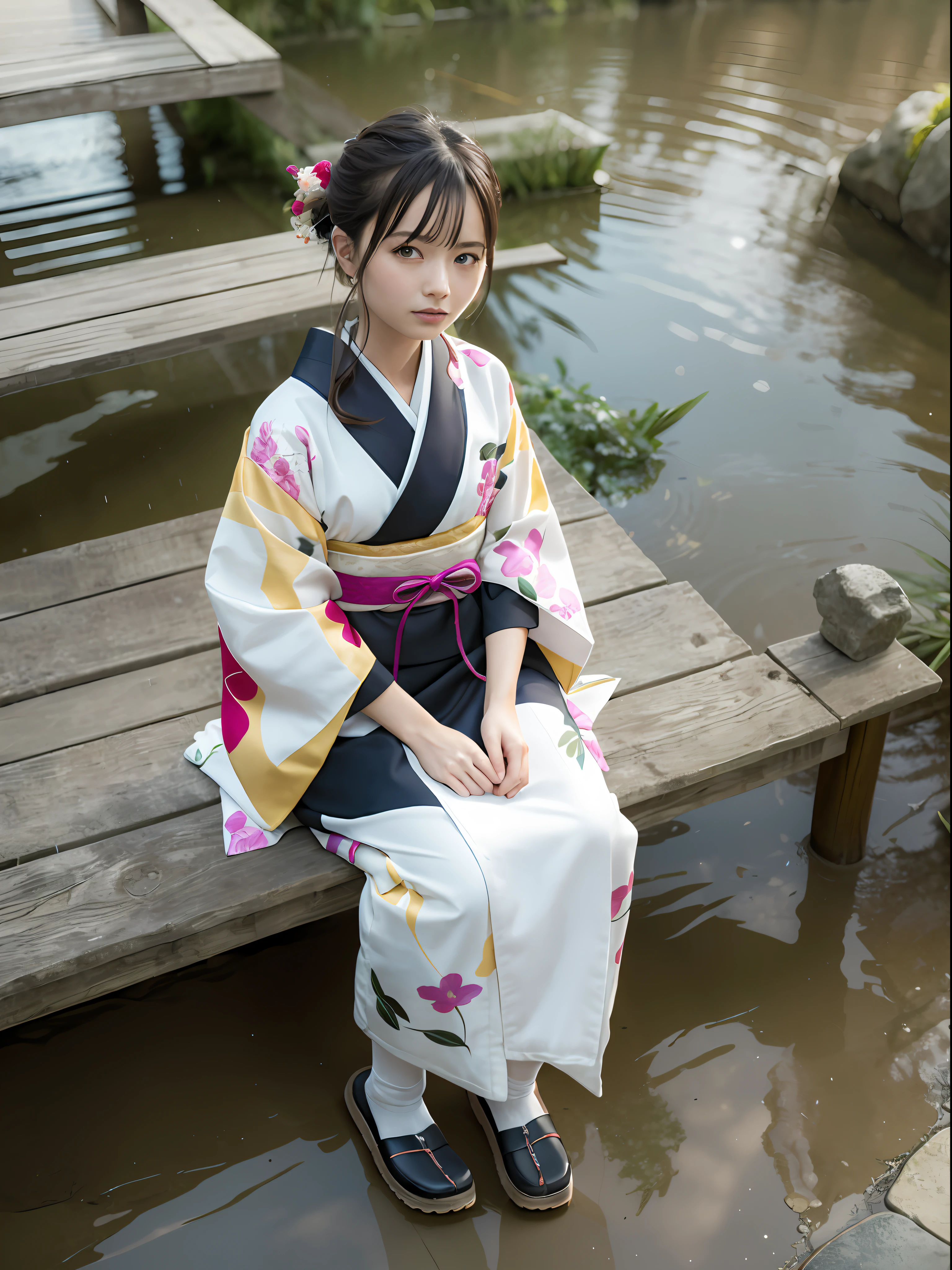 extremely detailed CG unity 8k wallpaper, realistic, hand by Guido Daniele
wearing kimono_clothes, sitting on the wooden bridge, sakuramon, print kimono, stone brick road, wet road, clogs, two toe socks, ray chase,reflection, small bag, long kimono on shoulders, laurels, top view