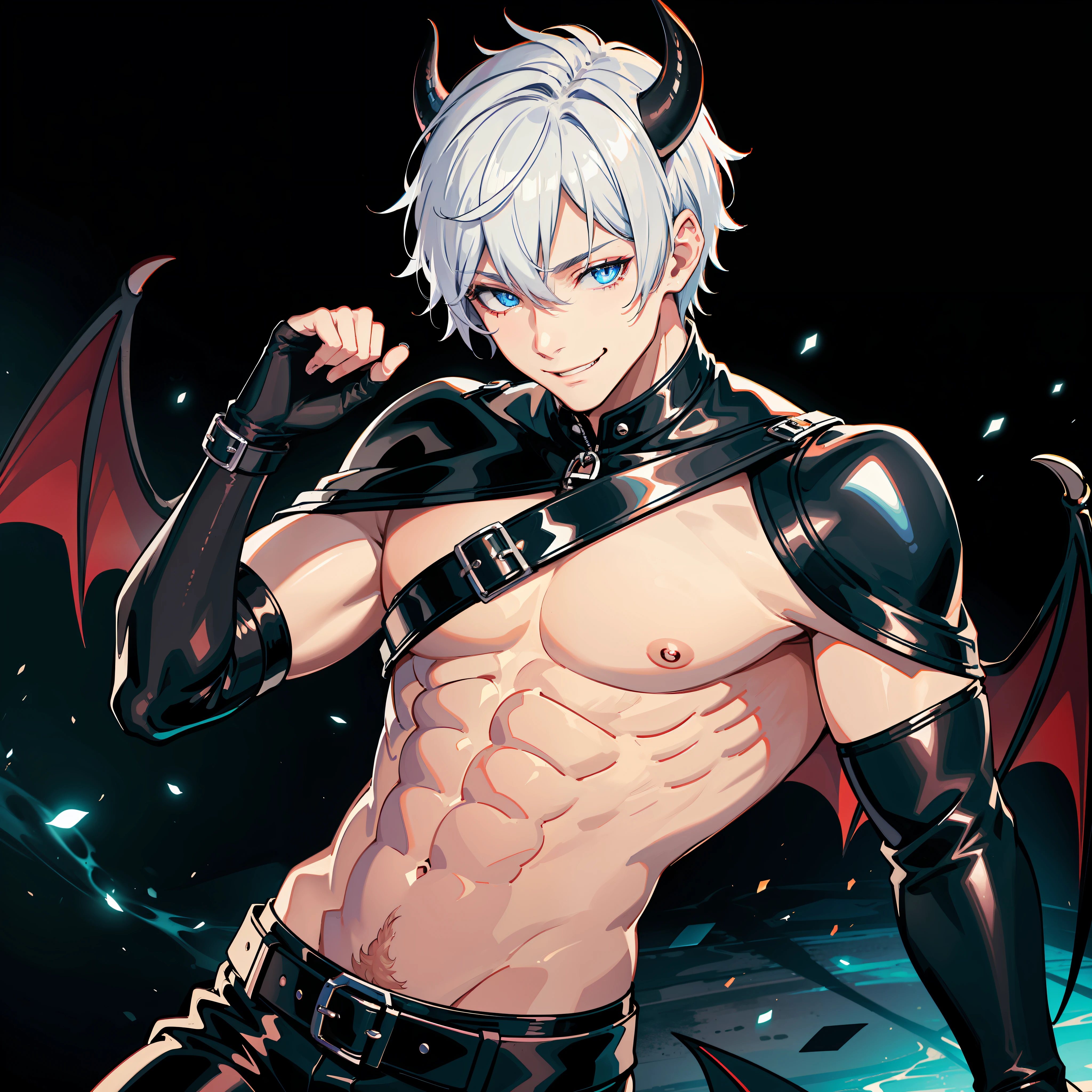 mature male, Demon, (((White short hair))), Horns, blue eyes, demon wings, Seduction Smile, topless male, muscular, leather belts, BDSM, leather pants, blue lights, volumetric lights, neon glowing