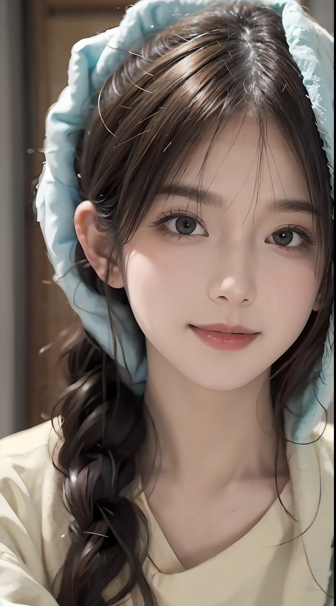 (RAW photogr:1.2), (Photorealistic:1.4), 1girll, 18 years old,adolable,a face,The most beautiful girl,Goose egg face,Oval face,Fleshy on the face,Good facial features,Sweet smiling,The smile and the eyes are charming and attractive,Beautiful Meticulous Girl, very detailed eyes and faces, Beautiful detailed eyes, ultra - detailed, A high resolution, The is very detailed,best qualtiy,tmasterpiece,illustratio,The is very detailed,CG,unified,8K wallpapers,finely detailled,tmasterpiece,best qualtiy, Wallpapers,light in face,Movie lighting,Headshot,Attractive sexy expression, Match the brand:Mango top:Mint green loose short sleeve T-shirt(No leakage),(upperbody closeup)(Close-up of emoji)The body is fleshy,(looking to the camera),Random fashion hairstyle,hair flowing,perfect body figure,Standing position,(Close-up view),Headshot,Highlight the attractive expressions of the characters,The background is a random different room。