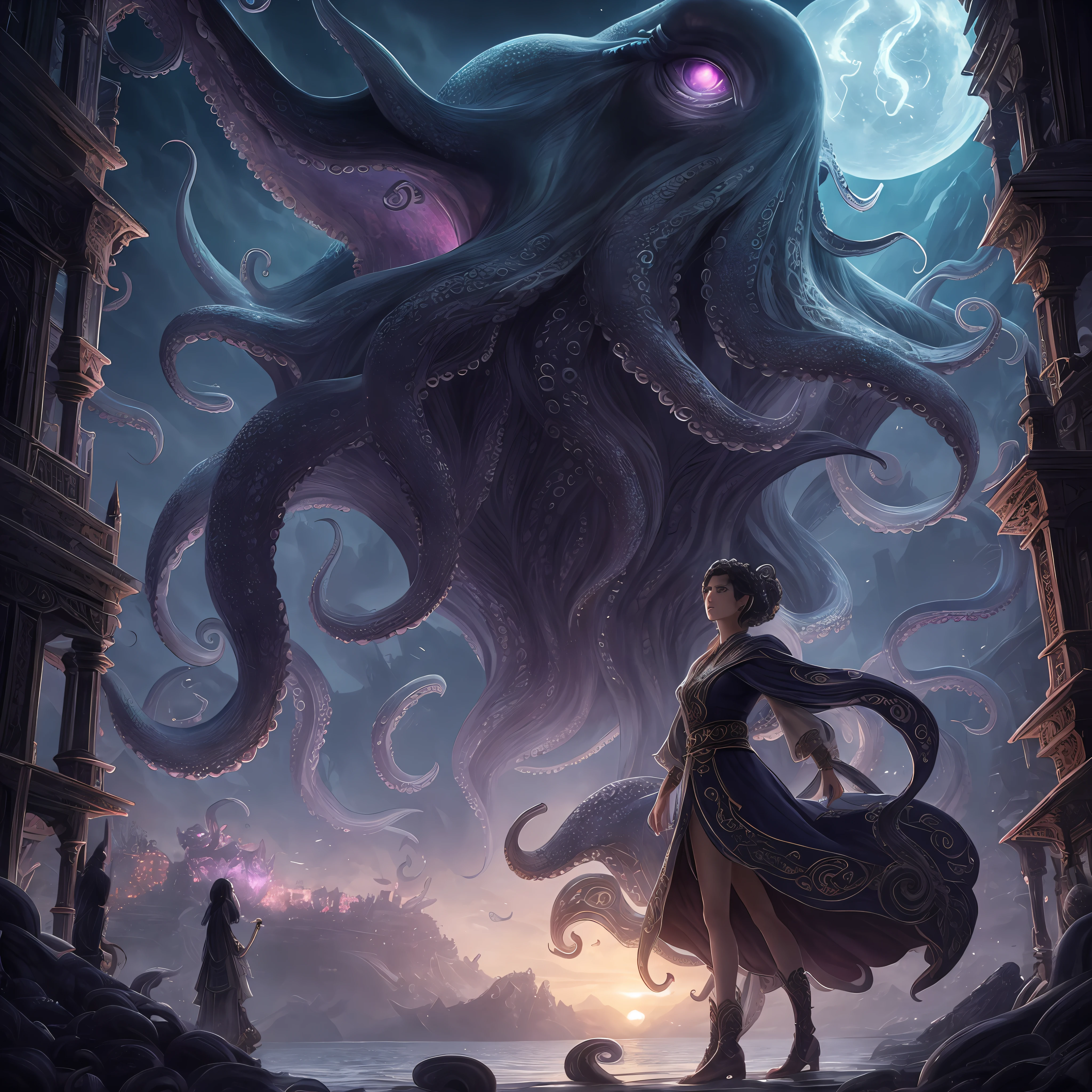 in 8K, top-quality, Real Image, intricate detailes、femele、soio、A giant monster like an octopus behind、A dark-haired、poneyTail、robe blanche、loimu、natta、neons、horor\(theme\) masterpiece、top-quality、ighly detailed --auto