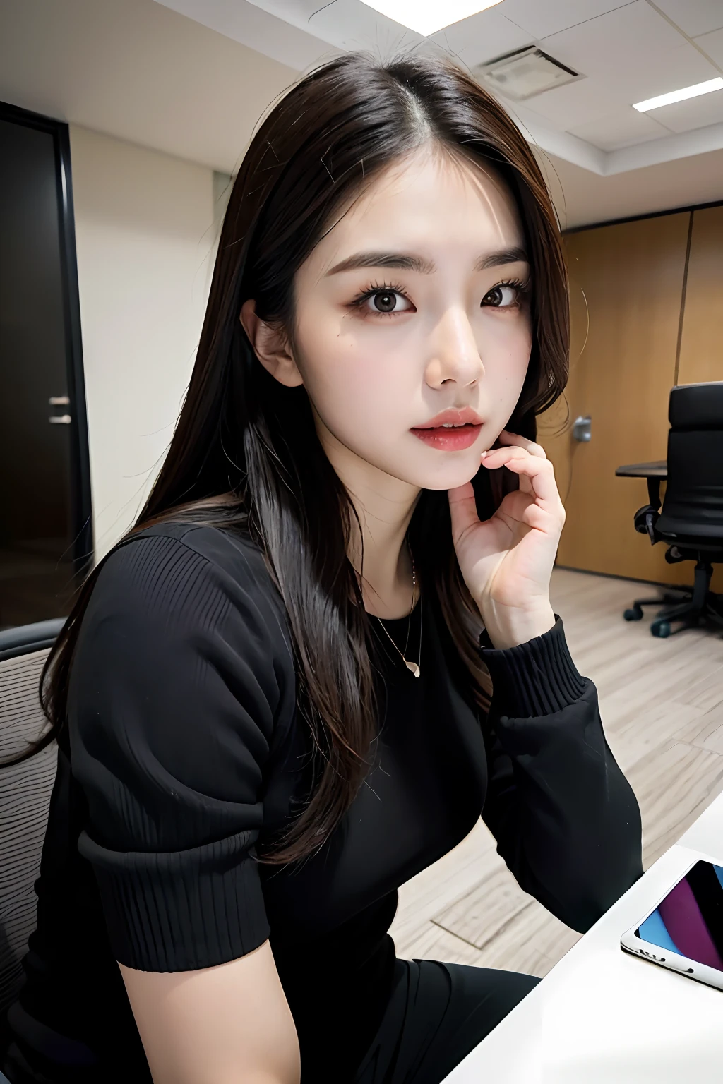 Women use iPads in the office,Take photos in RAW format,Fineness(1.4),sportrait,Highest quality,超高分辨率,Realistic and detailed。
