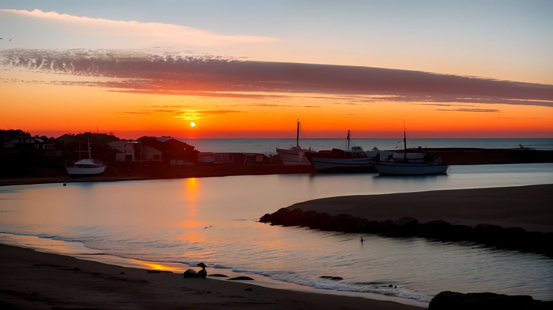 ((masterpiece)), (realistic), (sunset:1.2), (seascape:1.2), (colorful sky), (seagulls:1.1), (beach:1.1), (waves:1.1), (rocks:1.1), (boats:1.1), (reflection:1.2), (silhouette:1.2), (harbor:1.2), (peaceful:1.1), (serene:1.1), (tranquil:1.1), (calming:1.1), (harmonious:1.2),
The sun was setting over the horizon, painting the sky in a breathtaking array of colors. Shades of pink, orange, and yellow blended together to create a vibrant and colorful sky. Seagulls flew gracefully overhead, their wings casting shadows on the calm waters below. The beach was a peaceful and serene place, with waves gently lapping at the shore. Smooth rocks scattered along the coastline, providing a perfect spot for a quiet moment of reflection. Boats floated in the harbor, their masts creating silhouettes against the colorful sky. The reflection of the sky in the water created a harmonious and tranquil atmosphere. As the sun disappeared below the horizon, the sky turned darker, but the sense of calm remained, leaving a feeling of peacefulness and contentment.