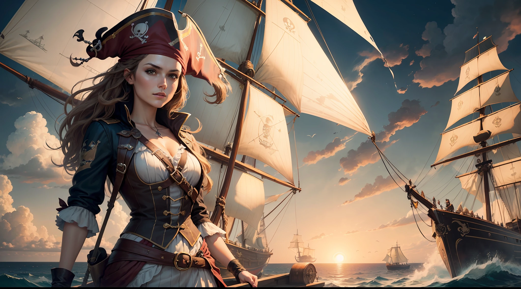 ((one pirate woman standing on sailing ship)), detailed face, mid shot, (pirate suit), brown hair, (white clouds), sunset, stars, ships far away in ocean