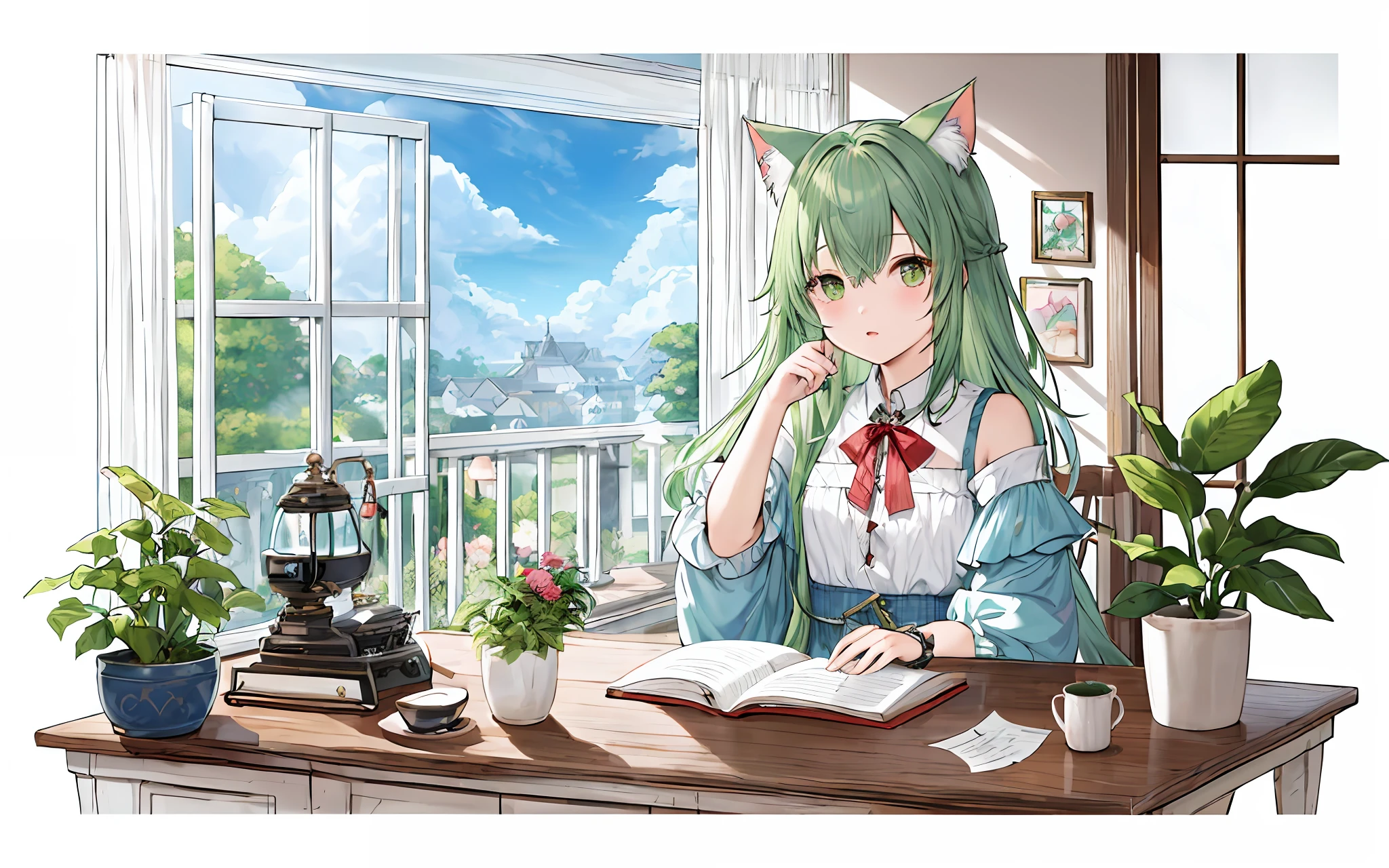 [(White background:1.5)::5]、(isometric:1.3)、(​masterpiece、top-quality:1.2)、(hight resolution:1.1)、(Top image quality)、(Master works)、In-person viewers、dynamic ungle、Skysky、​​clouds、
livingroom、sofas、window、drapes、Dappled sunlight、Potted plants、The table、cabinet、bookcase、paper、Desk lamp、typewriter、garden、
(1girll、solofocus:1.2)、cute little、ornament detached、(jewely:0.75)、(red blush:0.9)、(lanyard:0.9)、(dishevled hair、length hair、Green hair、cat ear、blue colored inner hair、shinny hair、shinny skin:1.1)、