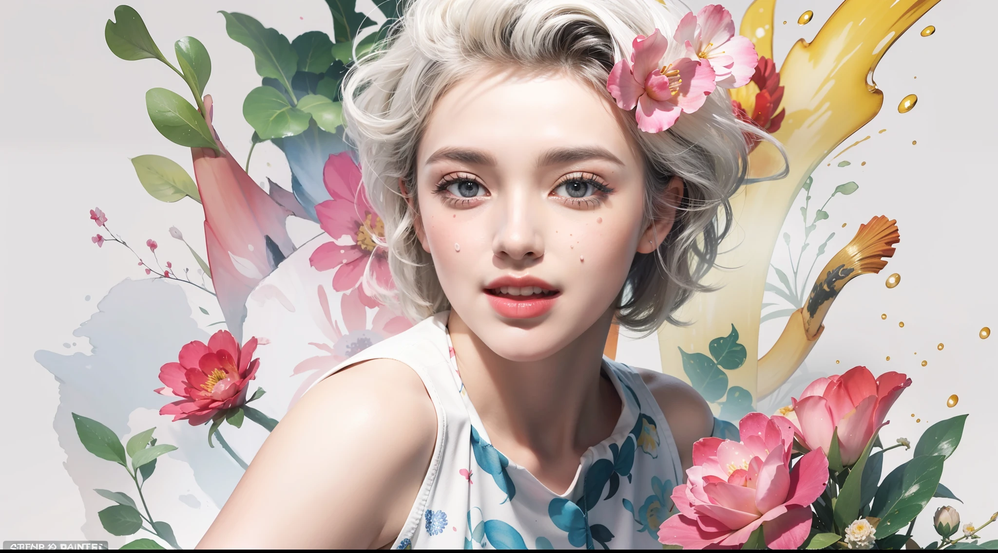 Marilyn Monroe stechu,(white background:1.4), ((tachi-e)), original,(illustration:1.1),(best quality),(masterpiece:1.1),(extremely detailed CG unity 8k wallpaper:1.1), (colorful:0.9),(panorama shot:1.4),(solo:1.2), (ink splashing),(color splashing),((watercolor)), clear sharp focus,{ 1girl standing },((korean style )),flower background,outdoors,rocks, looking at viewer, make happy expressions,soft smile,pure,beautyfull detailed face and eyes,beautyfull intricacy clothing decorative pattern details, black hair,black eyes,colorwater