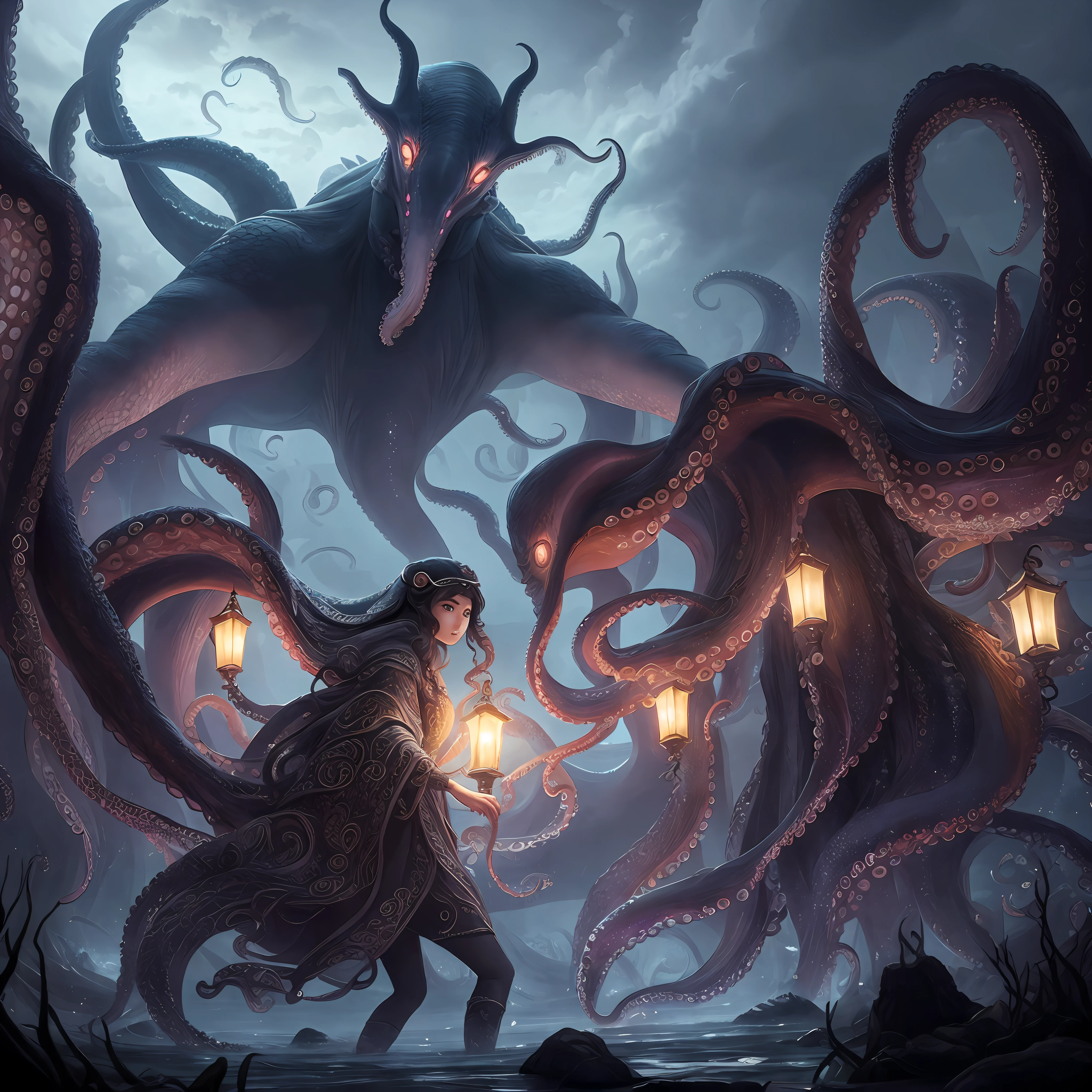in 8K, top-quality, Real Image, intricate detailes、femele、soio、A giant monster like an octopus behind、A dark-haired、poneyTail、robe blanche、loimu、natta、neons、horor\(theme\) masterpiece、top-quality、ighly detailed --auto