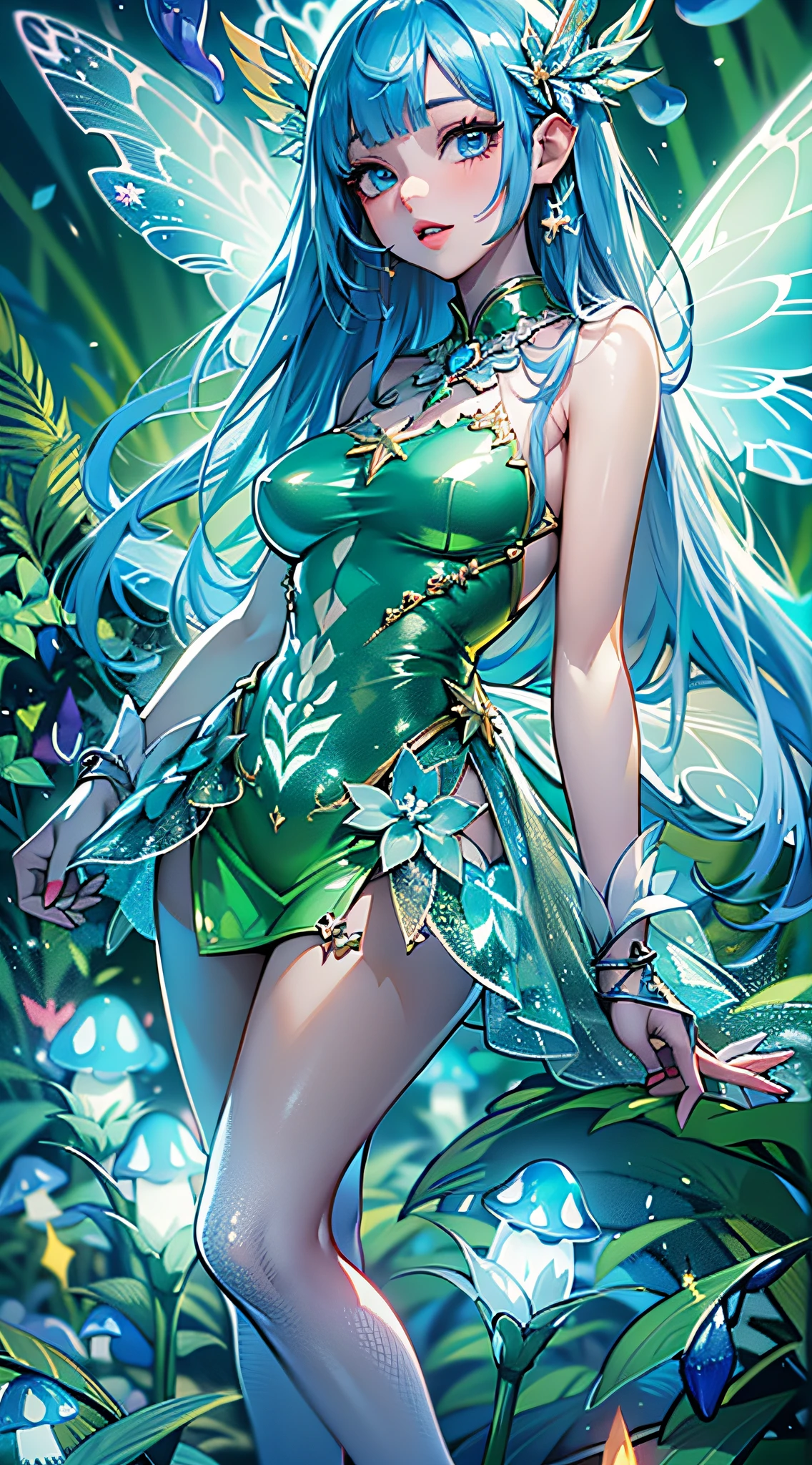 ((Masterpiece)), best quality, absurderes, ultra detailed, holographic, fairy girl, super beautiful asian girl with very beautiful lime blue eyes, beautiful glowing blue lime hair, straight long hair, nice and sexy body, wearing a very tight mini dress, very beautiful and luminescent fairy wings, flying in a psychodelic fairy forest with crazy mushrooms