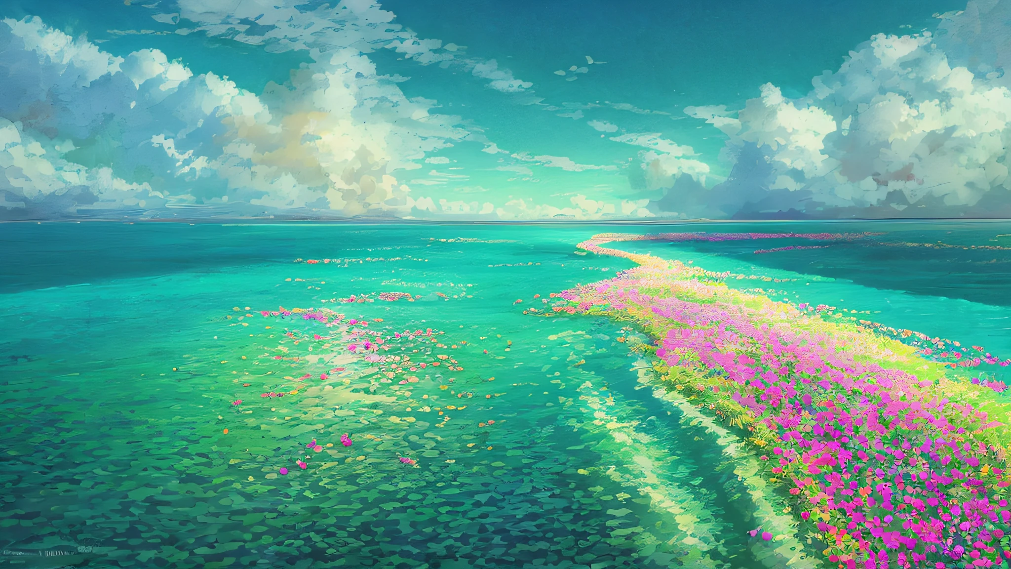Masterpiece, best quality, high quality, white clouds, turquoise background, blue sky and white clouds, clear sky, complex, pastel colors, watercolor, Makoto Shinkai, extremely detailed CG unity 8k wallpaper, bokeh, depth of field, HDR, bloom, chromatic aberration, realism, very detailed, artstation trend, CGsociety trend, complex, high detail, dramatic, midjourney art