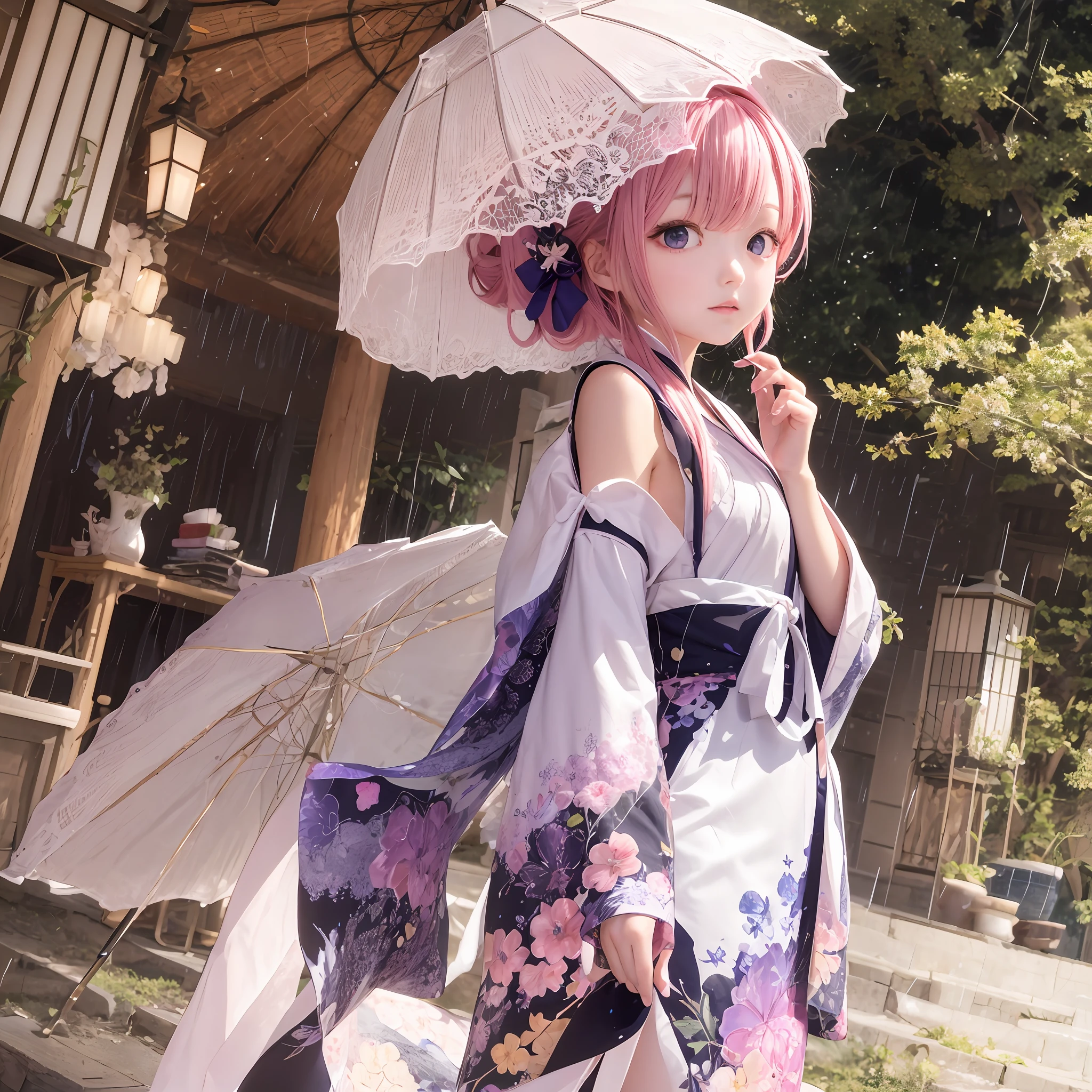 The upper part of the body、女の子1人、A pink-haired、Bun hair、mansion、Purple Eye、Gorgeous lace kimono、off shoulders、Holding a parasol、Japan anime-style odd-eye, rain falling