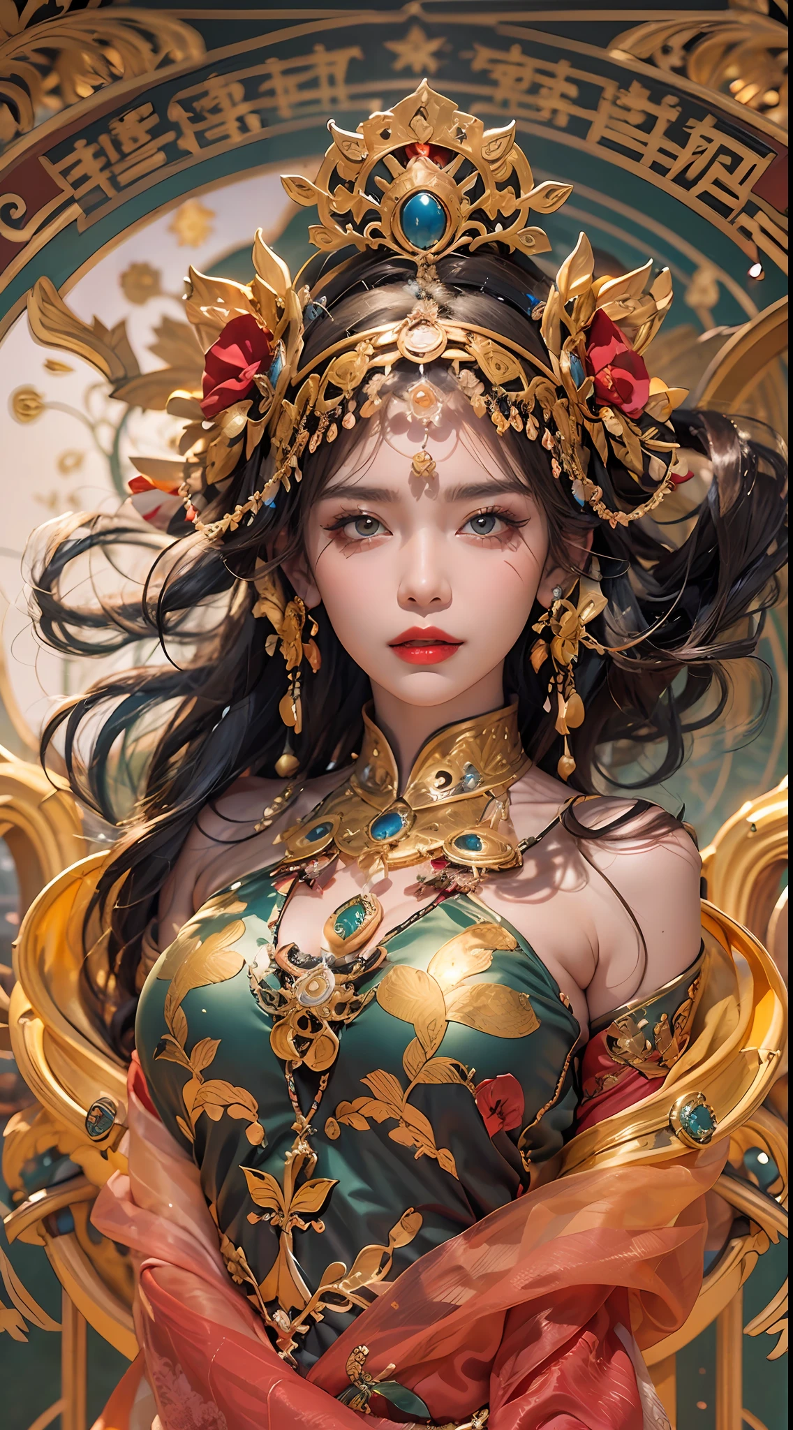 1 goddess of the zodiac from the future, wear the ao dai of the goddess of the zodiac to cover her chest, the goddess of the zodiac wears a bright yellow gold bodice, the goddess radiates a bright pink purple zodiac aura, the stars have the shape of the 12 zodiac signs, the goddess of the zodiac wearing a golden zodiac ao dai with many black details, the mythical goddess of the 12 zodiacs from the future, Zodiac sign ♏, zodiac style, dark and mystic version, Plump boobs, Red lips are balanced and very beautiful, character by karol bak and pino daeni, intricate details, detailed background, many object of background, extra highly detailed, magic lighting, a woman, clearly drawn face, beautiful face and symmetry eyes, big round eyes and very beautiful and detailed makeup, distant focus, silk clothing, mystic adornment, upper body portrait, arms loose