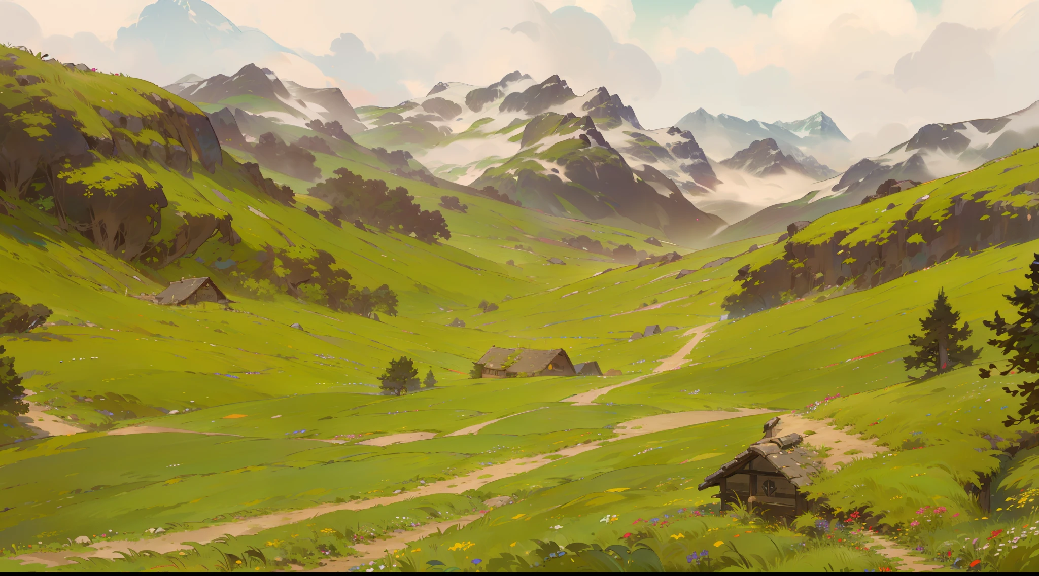 paisagem Swiss Alps estilo anime your name e garden of words, varios detalhes cores montanhas paisagem verde ceu lindo com nuvens, Swiss architecture, Swiss Alps.