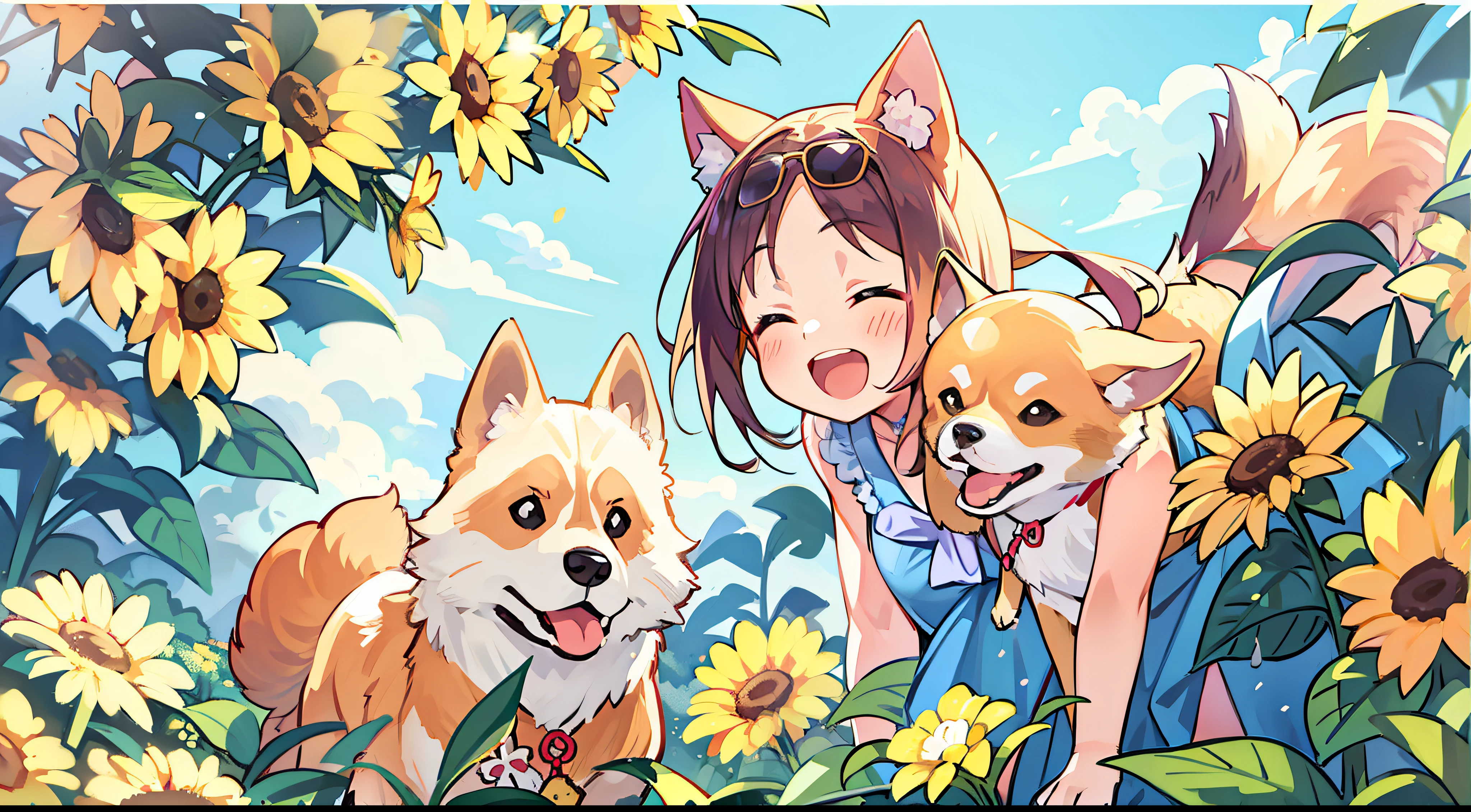 Dog and Girl、Shiba dog、Laughing in the flower garden、夏天、blue open sky、Sun flower、summer vacation